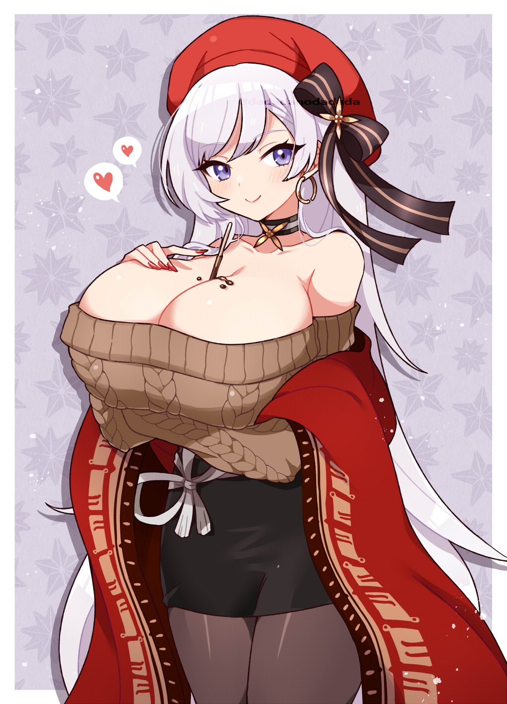 2_hearts azur_lane bare_shoulders belfast_(azur_lane) belfast_(shopping_with_the_head_maid)_(azur_lane) between_breasts black_skirt blue_eyes breasts choker cleavage collarbone cowboy_shot dadadanoda earrings female food food_on_body food_on_breasts hat heart highres hoop_earrings huge_breasts jewelry long_hair looking_at_viewer low_neckline official_alternate_costume pantyhose pencil_skirt pocky red_headwear skirt smile solo spoken_heart sweater very_long_hair white_hair