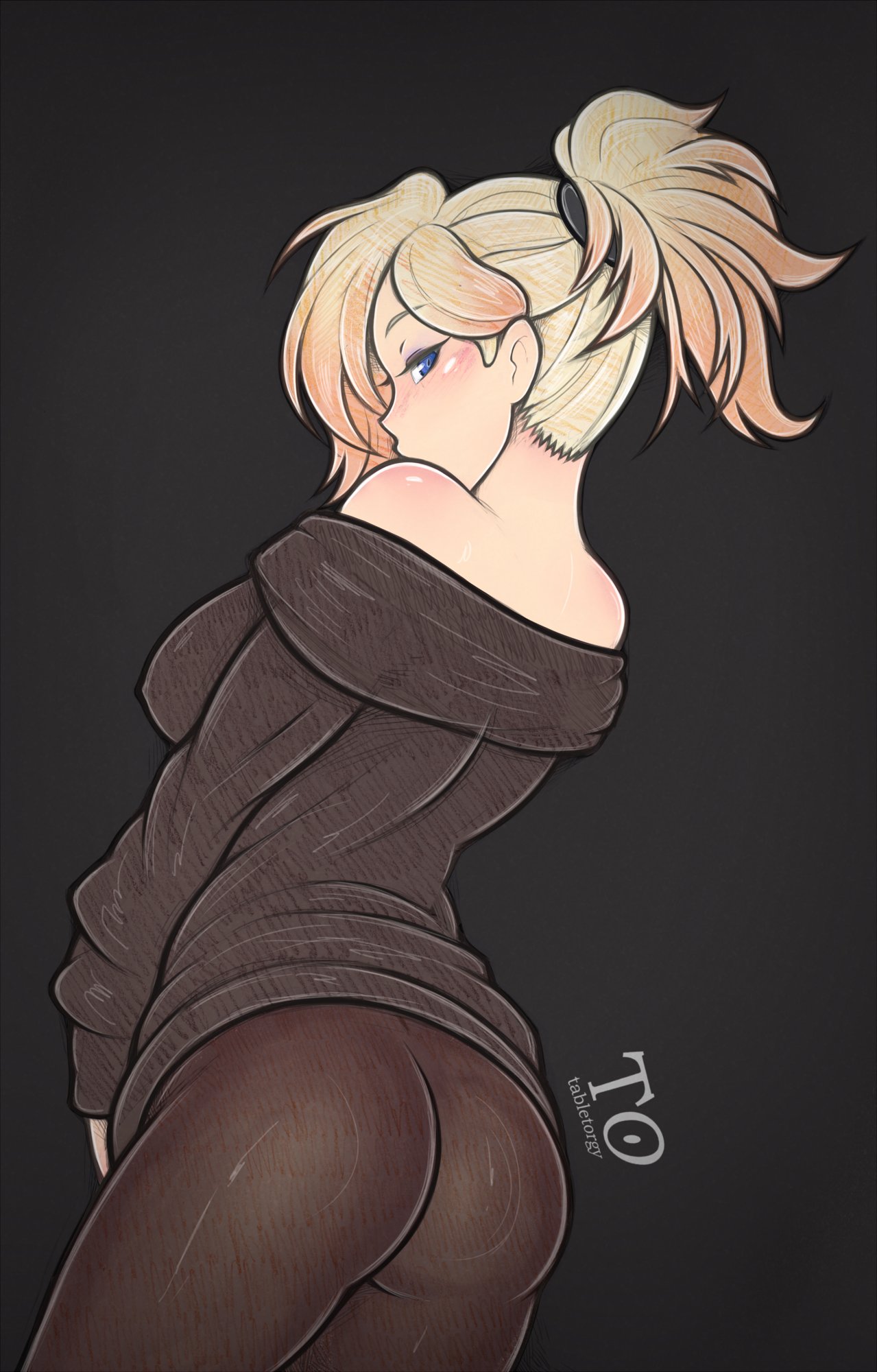 alternate_costume ass big_breasts blonde_hair blue_eyes casual clothing looking_at_viewer looking_back mercy overwatch ponytail sweater sweatpants tabletorgy