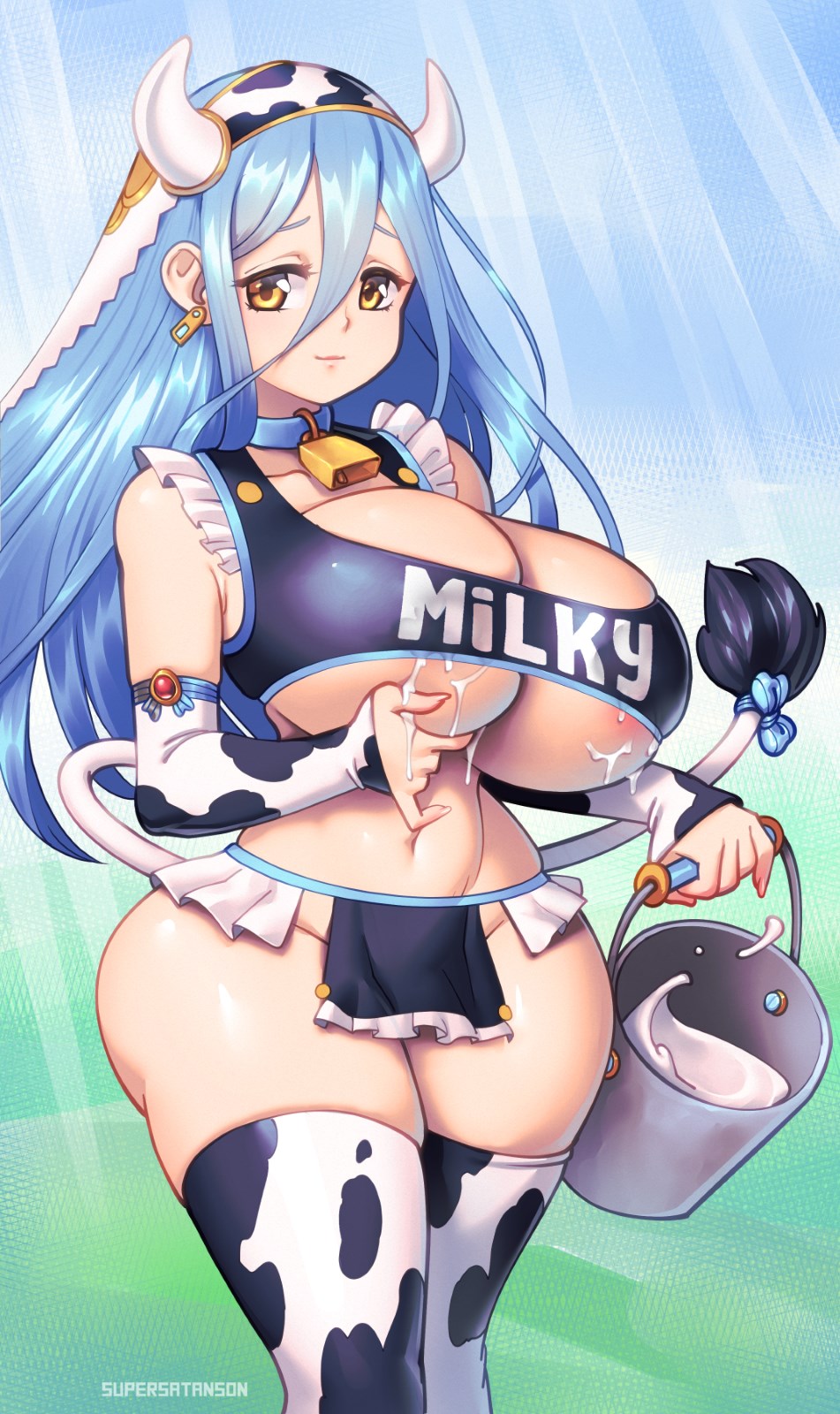 1girls, ass, azura (fire emblem), bare midriff, bare thighs, bell collar, big ass, blue hair, breasts, bucket, cleavage, collar, cow girl, cow print, cowbell, curvy, ear piercing, female, female only, fire emblem, fire emblem fates, hair between eyes, horny, hourglass figure, huge breasts, lactation, light blue hair, long hair, looking at viewer, midriff, milk, nintendo, pelvic curtain, revealing clothes, smile, solo, supersatanson, thick thighs, thighhighs, thighs, underboob, voluptuous, yellow eyes