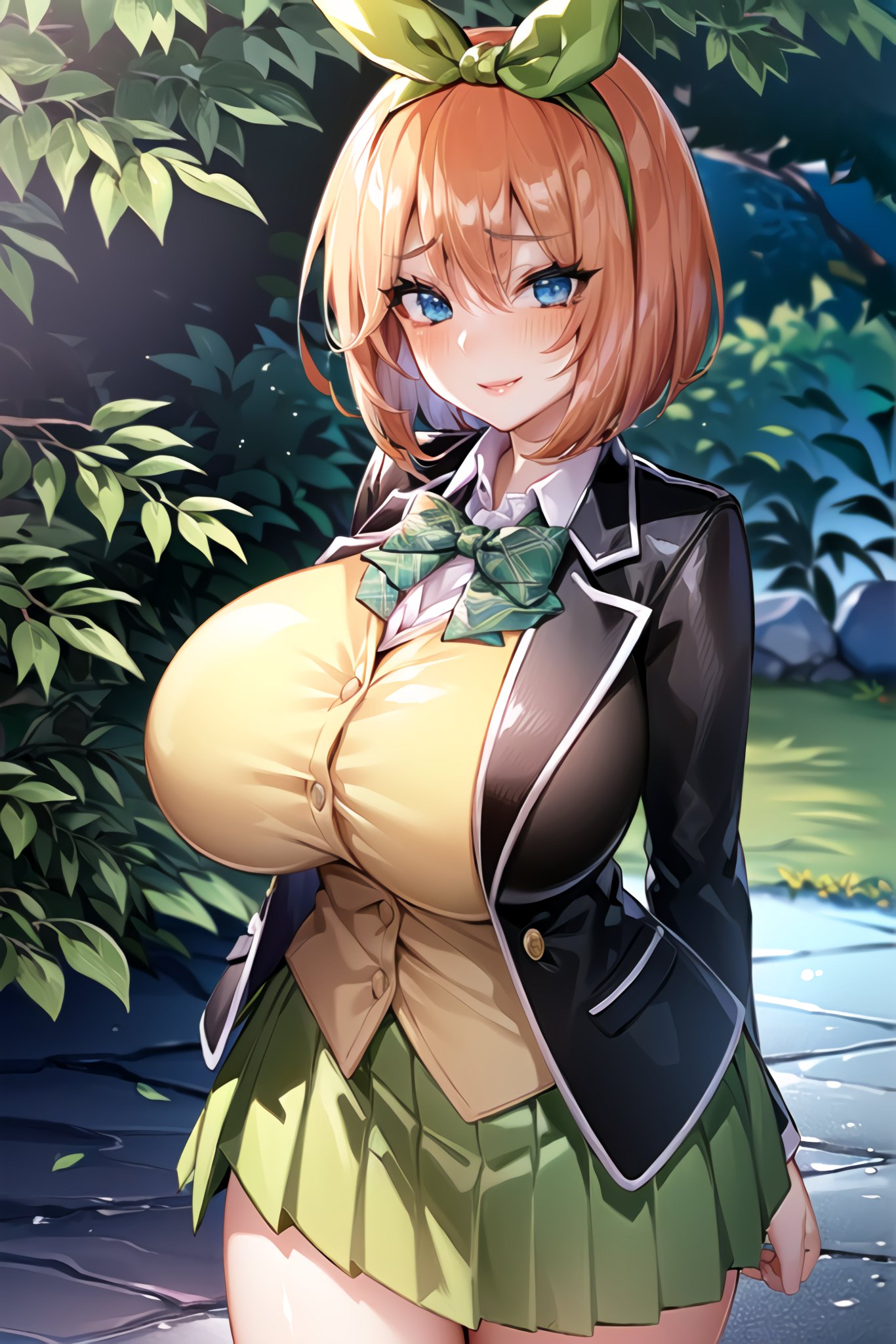 1girls, ai generated, breasts, curvy body, curvy figure, female, female only, go-toubun no hanayome, huge breasts, nakano yotsuba, orange hair, school uniform, schoolgirl, short hair, skirt, solo female, solo focus, stable diffusion