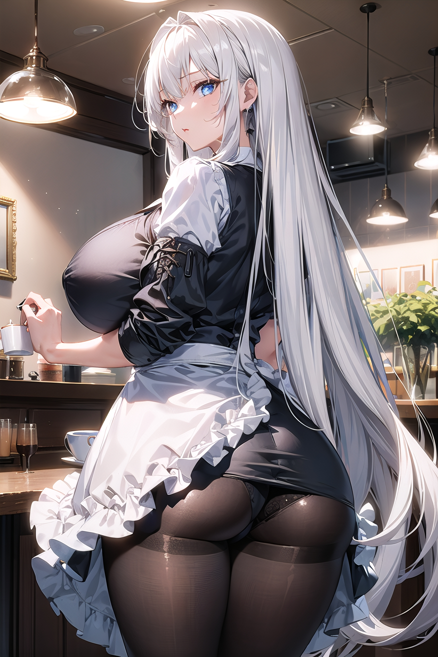 ai generated, breasts, curvy body, curvy female, curvy figure, female, female only, huge breasts, looking at viewer, maid, solo, solo female, solo focus, stable diffusion, waitress