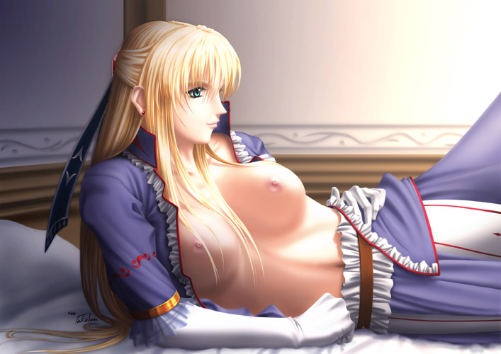 archived_source arm_support bad_link bed bed_sheet belt blonde_hair blue_eyes breasts cleavage collarbone dress elbow_gloves female gloves hair_over_breasts hair_ribbon indoors large_breasts long_hair lying nipples no_bra on_bed on_side open_clothes pillow ribbon sharon_(words_worth) solo takatan very_long_hair white_gloves words_worth