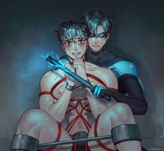 2boys bite_marks bondage crying dc dc_comics dick_grayson electroshock_weapon fade_bottomjay from_behind gay imminent_rape imminent_sex jason_todd legs_apart legs_held_open looking_at_viewer male male/male male_only naked_male_with_clothed_male nightwing punishment questionable_consent red_hood_(dc) skintight_suit spreader_bar threatening wrist_cuffs wrists_tied