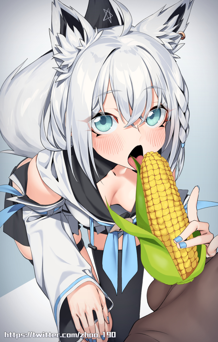 blowjob breasts corn female fox_ears fox_girl fox_tail hololive hololive_gamers hololive_gen_1 hololive_japan licking shirakami_fubuki tongue virtual_youtuber