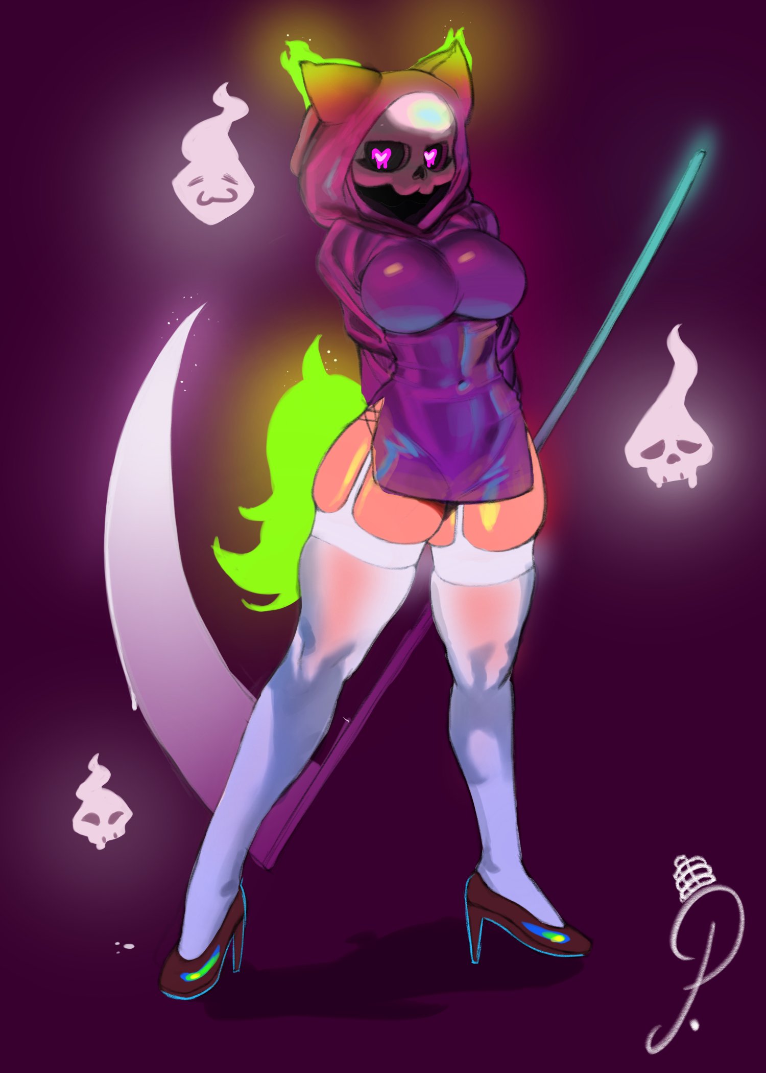 1girls, 2023, 2d, 2d (artwork), big thighs, breasts, female, female focus, female only, grim reaper, heart eyes, hi res, high heels, highres, hips, hood, hooded jacket, large thighs, loincloth, mario (series), medium breasts, pankekes, purple clothing, scythe, shy gal, skindentation, skull, skull head, solo, solo female, solo focus, standing, stockings, thick thighs, thighhighs, tight clothing, white stockings, white thighhighs, wide hips