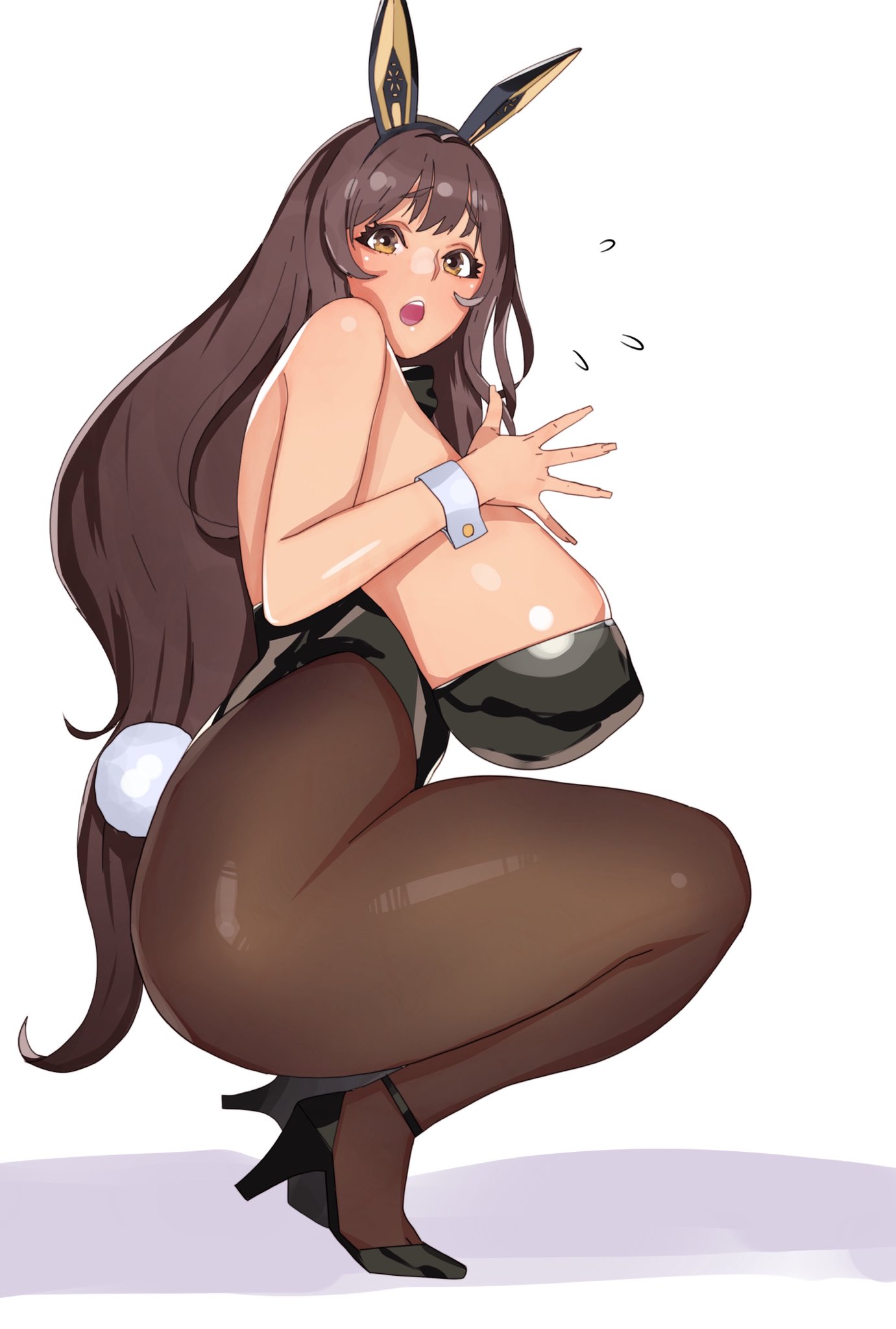1girls, ass, big breasts, black heels, black leggings, black leotard, blush, breasts, brown hair, bunny ears, bunny girl, bunny tail, dark skin, dark-skinned female, female, female only, goddess of victory: nikke, heels, hi res, leyton oekaki, long hair, looking at viewer, nails, nervous, nervous sweat, noir (nikke), open mouth, orange eyes, pantyhose, sideboob, solo, squatting, white background
