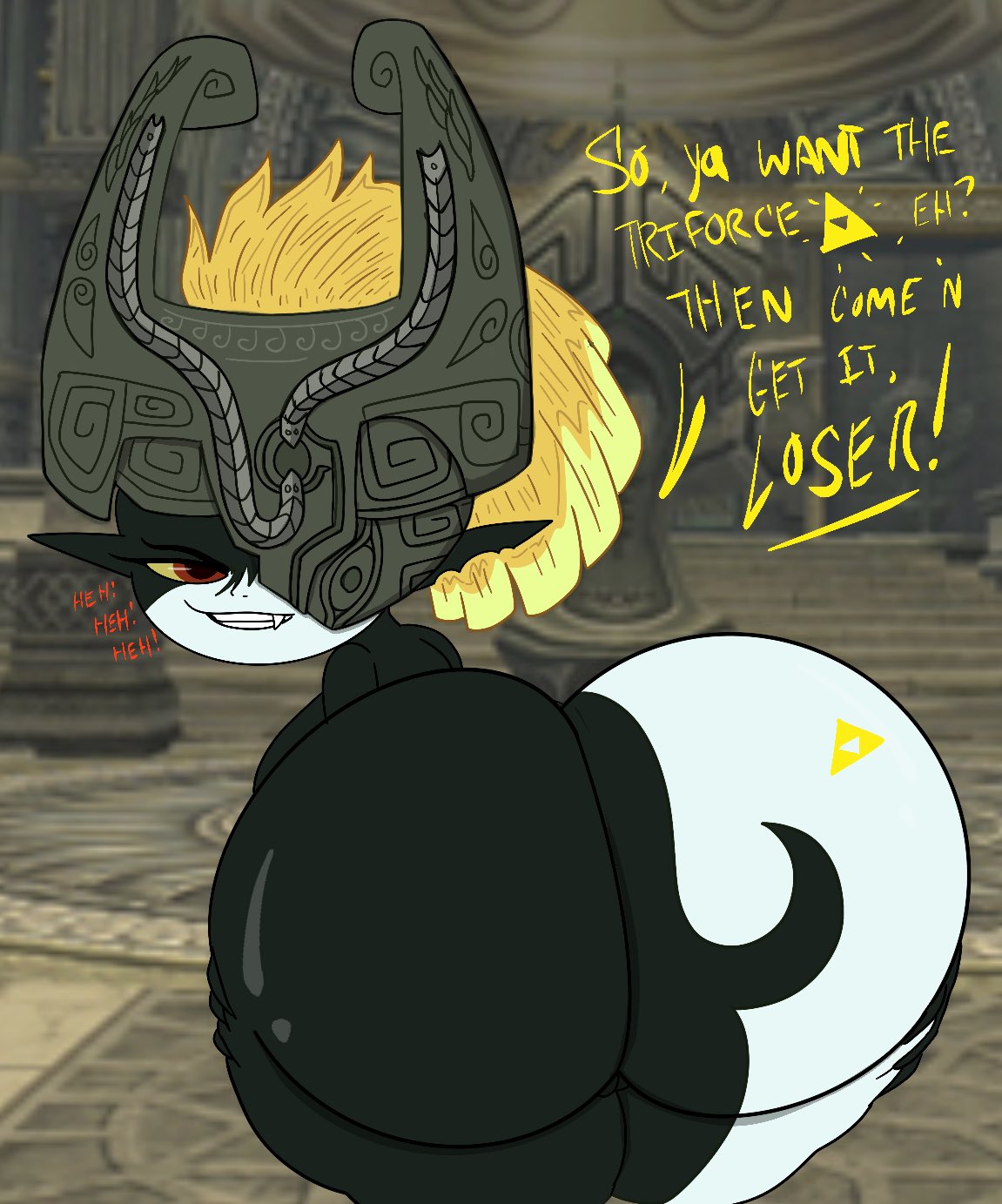 1girls, ass, big ass, big breasts, big butt, blonde hair, breasts, dialogue, fat ass, female, female only, imp, imp midna, large ass, looking at viewer, midna, nintendo, orange hair, red eyes, shortstack, sideboob, solo, solo female, solo focus, text, the legend of zelda, theslashfive, thick ass, thick thighs, thighs, twilight princess