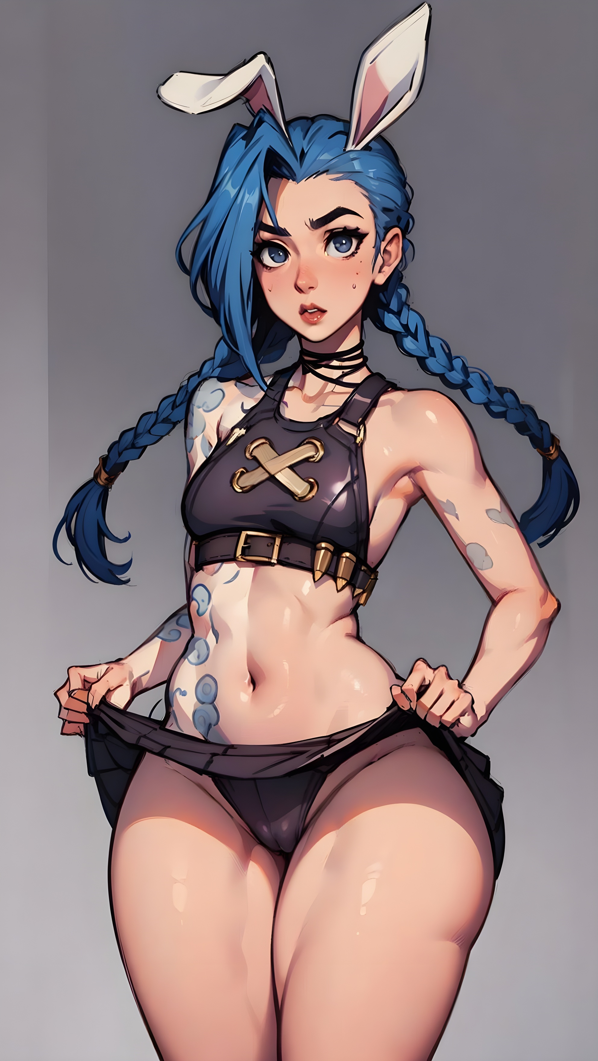 ai generated, belly button, blue eyes, blue hair, breasts, bunny ears, female, jinx (league of legends), league of legends, lifted by self, lifting, looking at viewer, midriff, neckwear, skirt, skirt lift, small breasts, stable diffusion, tattoo, thick thighs, thong, underwear