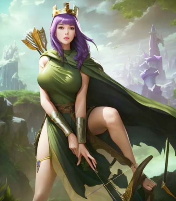 ai_generated archer_queen_(clash_of_clans) arrows barefoot big_breasts breasts busty cape clash_(series) clash_of_clans clash_royale cleavage_dress clouds crown female_only huge_breasts large_breasts light-skinned_female long_hair looking_at_another purple_hair safe_for_work supercell tall_female weapon