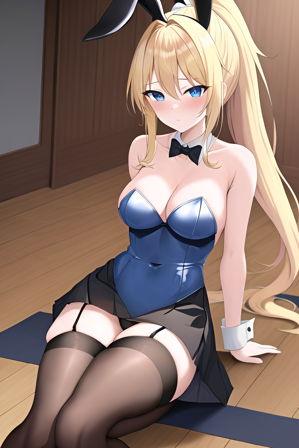 ai_generated blonde_female blonde_hair blonde_hair blue_eyes blue_hair_ribbon blush blush blushing_at_viewer bow boyamibeat bunny_ears bunnysuit corset indoors leather_corset looking_at_viewer nai_diffusion shy sitting skirt soulgen stable_diffusion thighhighs tie