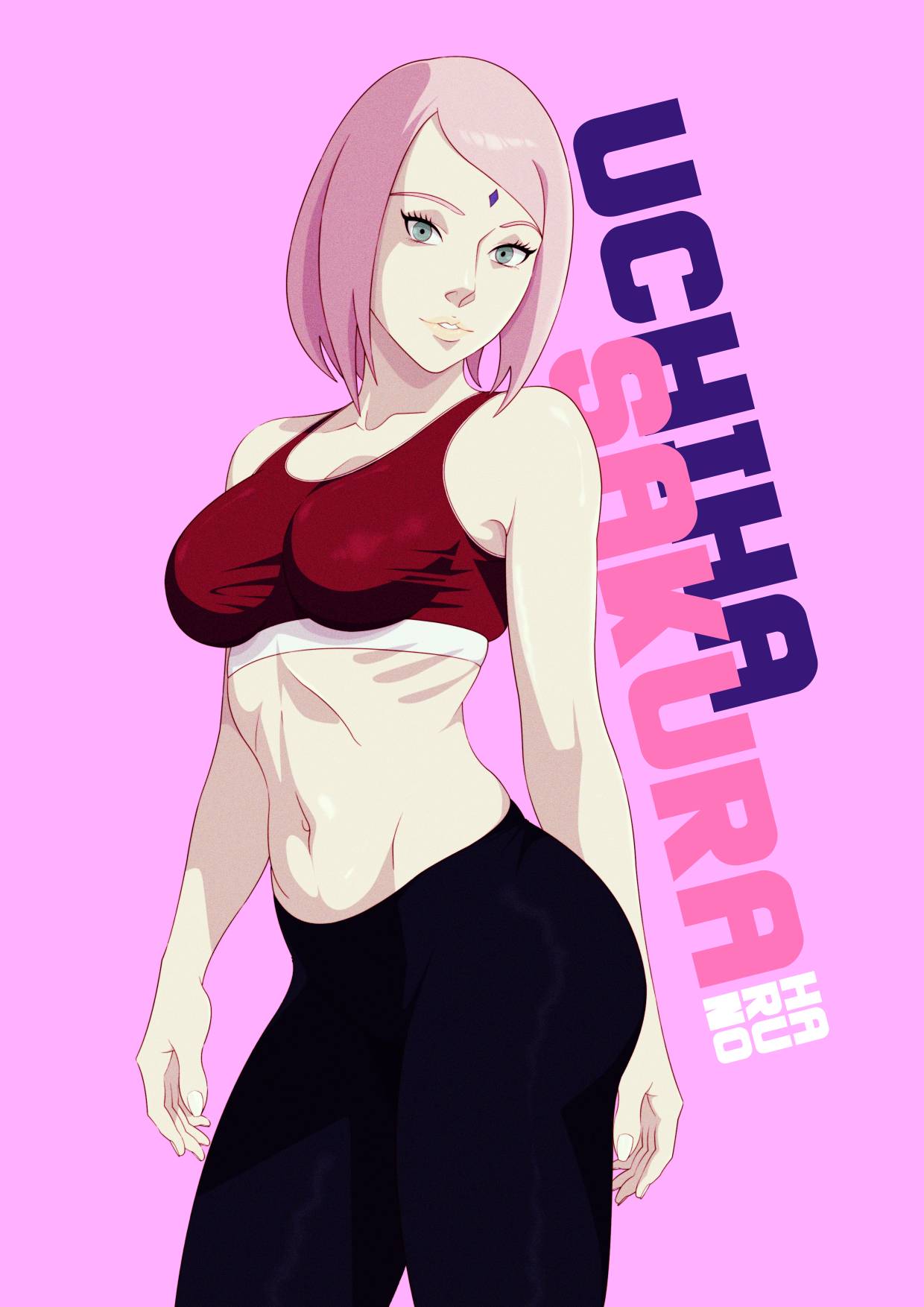 1girls adapted_costume anddeath ass bare_arms bare_midriff bare_shoulders big_ass boruto:_naruto_next_generations character_name curvaceous curvy curvy_body curvy_figure female female_only fully_clothed green_eyes long_hair looking_at_viewer mature mature_female midriff milf naruto naruto_(series) petite pink_background pink_hair pinup plain_background sakura_haruno shoulder_length_hair simple_background solo solo_female solo_focus tank_top text tight_clothing tight_pants workout_clothes yoga_pants