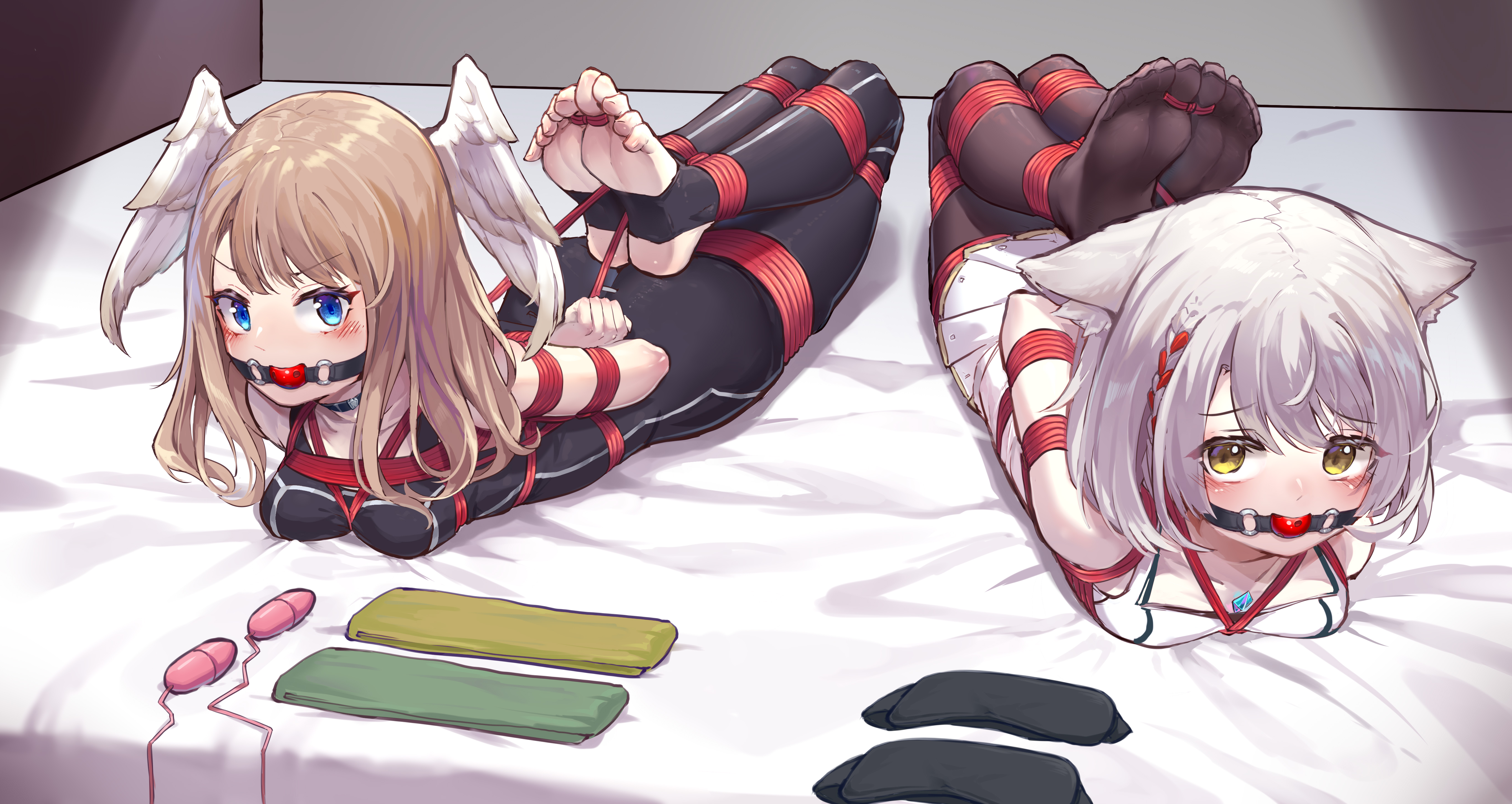 2girls, absurd res, arms behind back, ass, ball gag, barefoot, bed, black bodysuit, black legwear, black tank top, blindfold, blue eyes, blush, bodysuit, bondage, bound, braid, breasts, brown hair, bubble ass, bubble butt, cat ears, cat girl, catgirl, choker, cleavage, cleave gag, core crystal, eunie (xenoblade), feet, female, female only, femsub, fully clothed, gag, gagged, highres, hogtie, hogtied, in bed, legwear, long hair, medium breasts, mio (xenoblade), monolith soft, multiple females, multiple girls, multiple subs, nintendo, on bed, on stomach, red rope, rope, rope bondage, sex toy, short hair, side braid, silver hair, skirt, submissive, submissive female, tank top, vibrator, white skirt, white tank top, wide hips, wings, xenoblade (series), xenoblade chronicles 3, xiongmao, yellow eyes