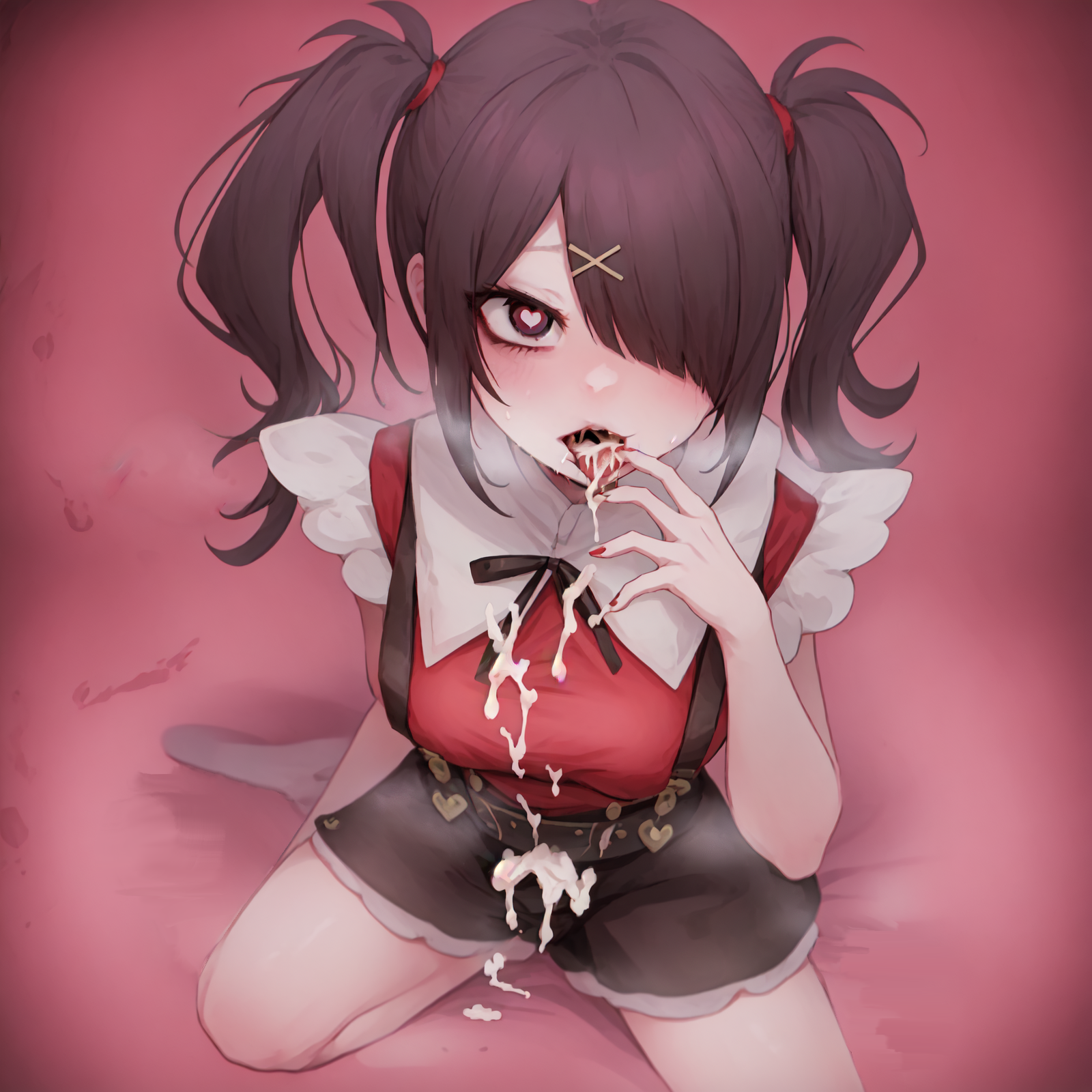 1girls, ahe gao, ai generated, ame-chan, black hair, blush, bow, clothing, cum, cum in mouth, cum on clothes, cum on tongue, female, hairpin, heart-shaped pupils, looking at viewer, needy girl overdose, on knees, one eye covered, one eye obstructed, open mouth, steam, suspenders, twintails, violet hair