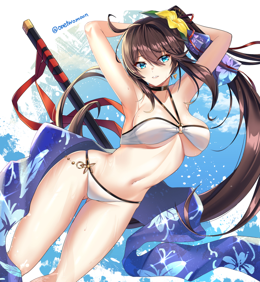 absurdres armpits arms_behind_head arms_up bare_arms bare_shoulders bikini black_choker blue_eyes breasts brown_hair choker counter:side female flower gluteal_fold hair_flower hair_ornament halterneck highres long_hair looking_at_viewer medium_breasts nanahara_chifuyu navel o-ring o-ring_bikini parted_lips ponytail sarong sfw sheath side_ponytail skindentation solo stomach string_bikini swimsuit thighs twomoon very_long_hair wet white_bikini