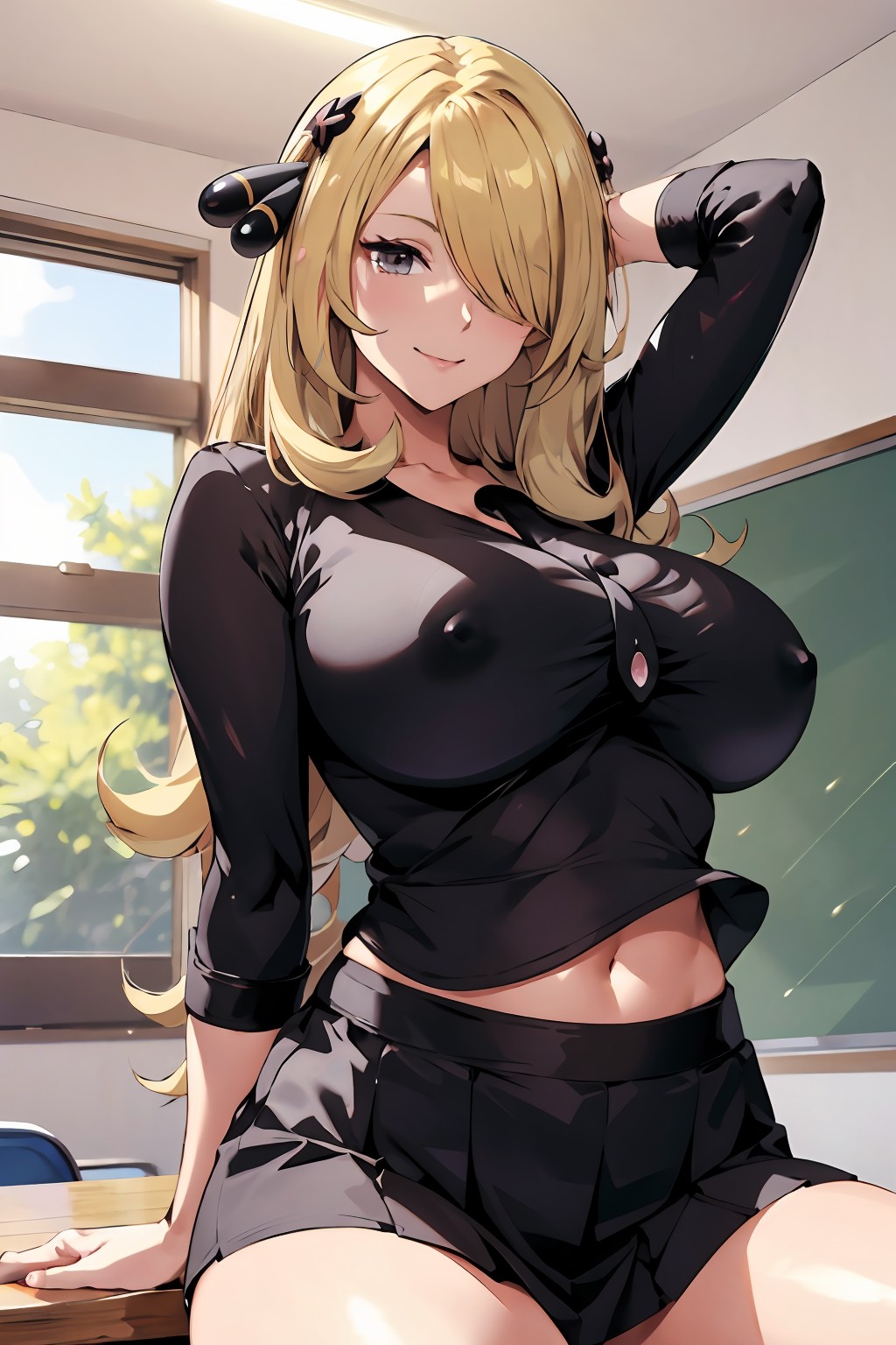 1girls, ai generated, alternate breast size, blonde hair, breasts, cynthia (pokemon), female, hair over one eye, large breasts, light skin, light-skinned female, long hair, nintendo, pokemon, pokemon dppt, school uniform, schoolgirl, smile, stable diffusion, thighs