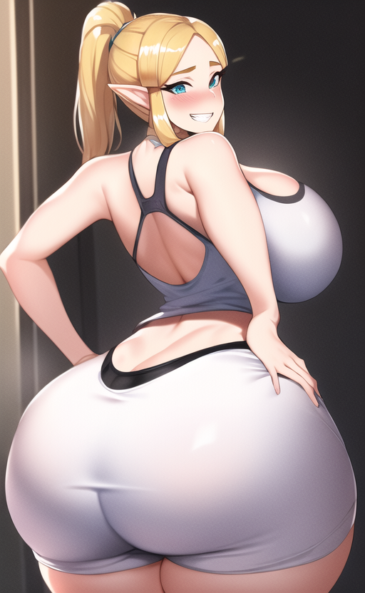 ai_generated ass_focus blonde_hair blue_eyes curvaceous curvy curvy_figure gigantic_ass gigantic_breasts gym_shirt gym_shorts huge_ass huge_breasts huge_hips looking_at_viewer massive_ass nai_diffusion ponytail princess_zelda seductive_smile shiny_clothes shiny_hair shiny_skin solo solo_female stable_diffusion the_legend_of_zelda thick_thighs thunder_thighs voluptuous wide_hips