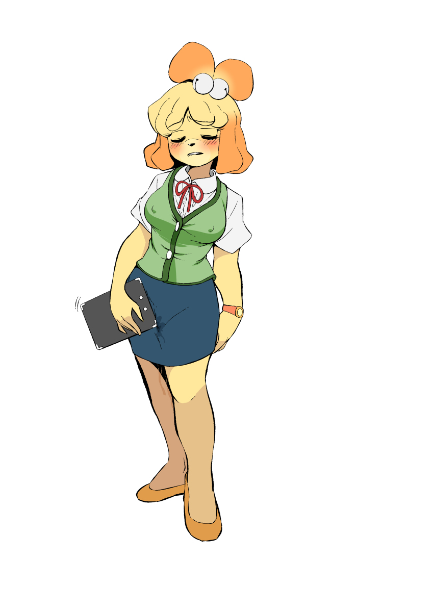 2022 alternate_version_available animal_crossing anthro bell blonde_hair blush breasts clipboard closed_eyes clothed clothed_masturbation clothing isabelle_(animal_crossing) masturbation nintendo nipple_bulge nipples_visible_through_clothing pussy_ejaculation pussy_juice samutora_mike skirt watch wet wet_pussy yellow_fur