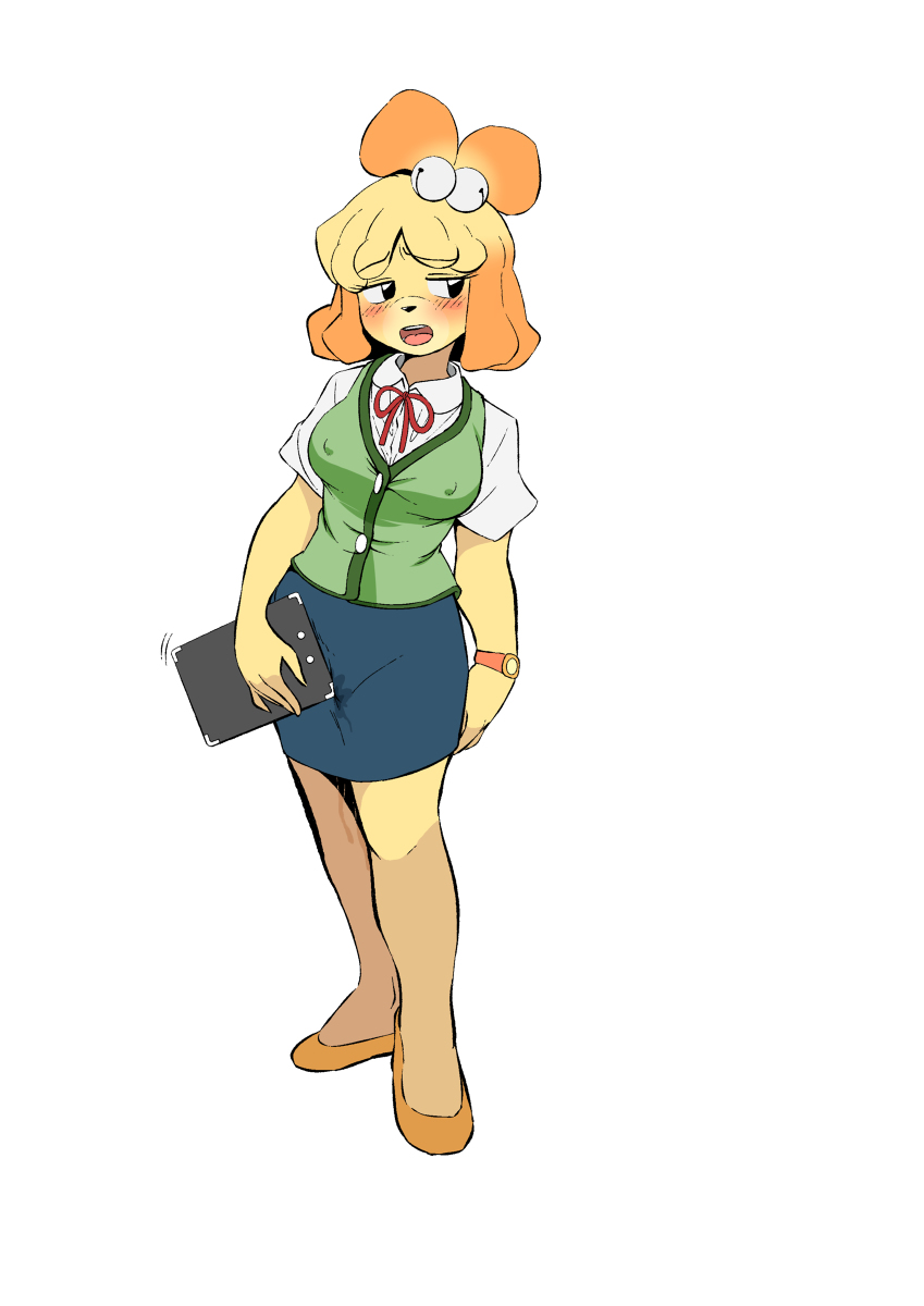 2022 alternate_version_available animal_crossing anthro bell blonde_hair blush breasts clipboard clothed clothed_masturbation clothing erect_nipples huge_nipples isabelle_(animal_crossing) masturbation nintendo nipple_bulge nipples_visible_through_clothing pussy_ejaculation pussy_juice samutora_mike skirt watch wet wet_pussy yellow_fur