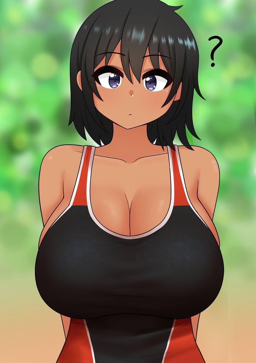 1girls alternate_version_at_source big_breasts black_hair cleavage dark-skinned_female hands_behind_back himiko_(the_only_shoe) looking_at_viewer oc old_art one-piece_swimsuit original question_mark short_hair swimsuit swimwear tan_body the_only_shoe tomboy