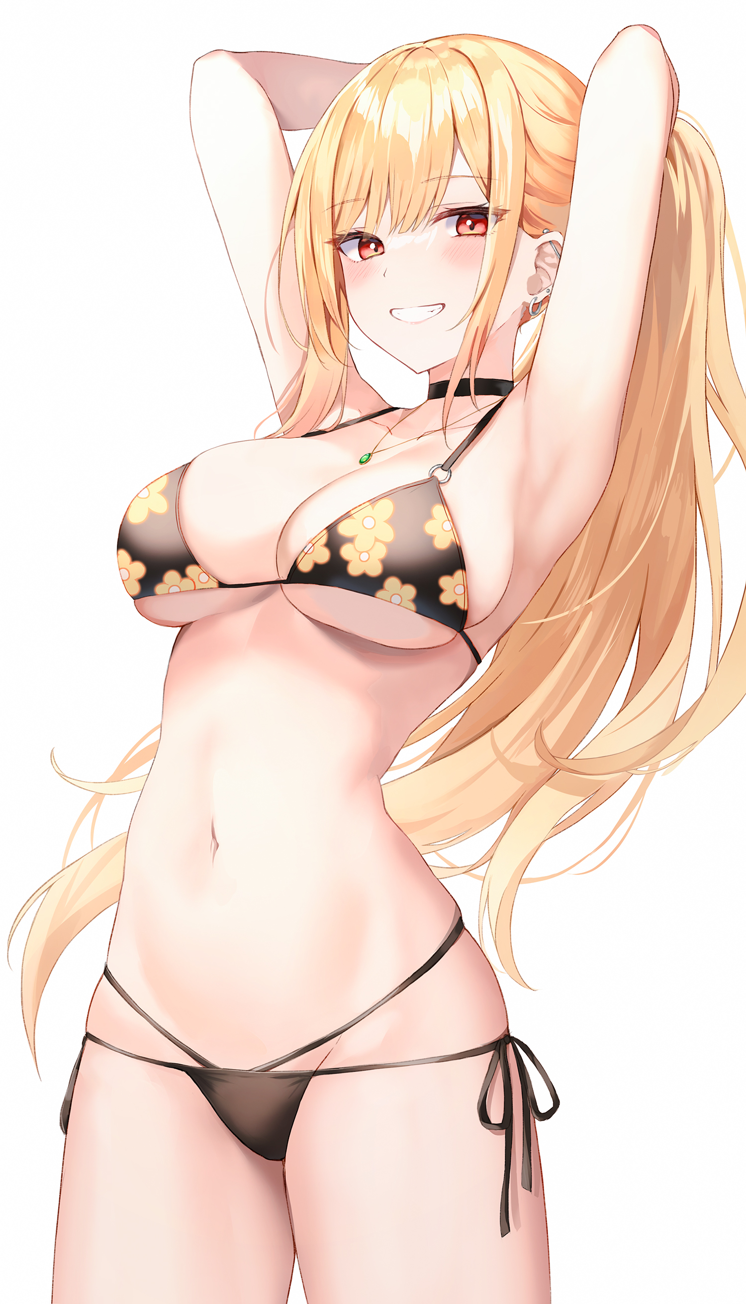 1girls, alternate hairstyle, armpits, big breasts, bikini, black bikini, blonde hair, breasts, busty, choker, cleavage, female, female only, gyaru, hi res, kitagawa marin, large breasts, legs, long hair, navel, pink eyes, ponytail, pose, posing, sensual, sexy armpits, smile, solo, sono bisque doll wa koi wo suru, thighs, voluptuous