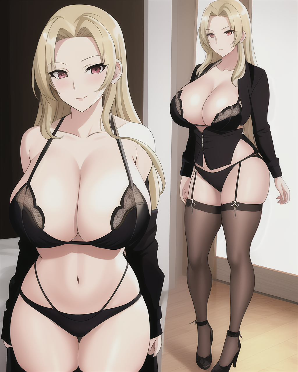 ai_generated black_clothing black_lingerie blonde_hair breasts_bigger_than_head female female_focus female_only high_heels huge_breasts lingerie long_hair mature_female naruto naruto_(series) naruto_shippuden smile thick_ass thighhighs tsunade zerjailes