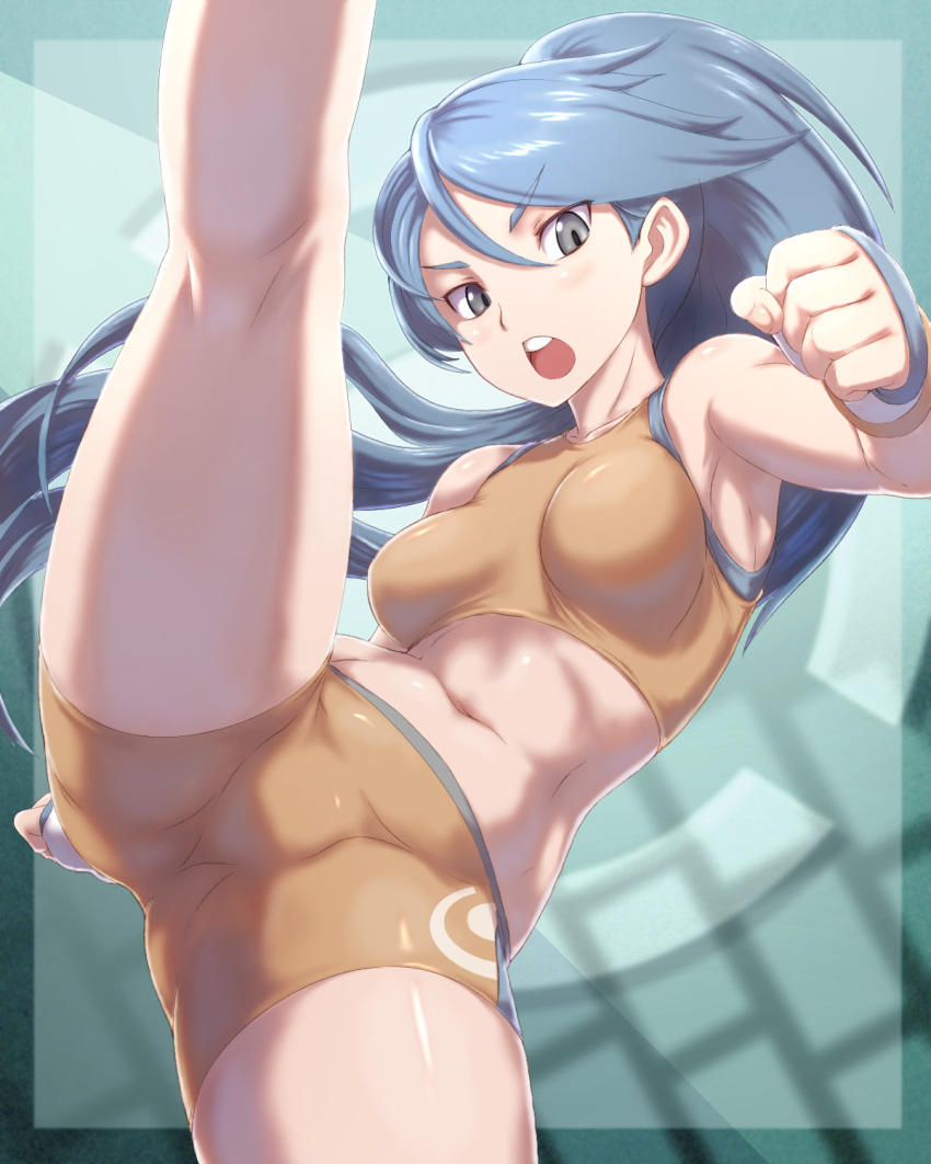 >:o 1girls :o armpits bare_arms battle_girl_(pokemon) battle_girl_(pokemon_oras) bike_shorts blue_eyes blue_hair blush breasts clenched_hand creatures_(company) female female_focus female_only fighting_stance fingerless_gloves game_freak gloves kneepits kous_(onetwojustice) leg_lift leg_up long_hair looking_at_viewer medium_breasts midriff navel nintendo npc_trainer open_mouth pokemon pokemon_(game) pokemon_oras ponytail shauna_(hoenn) solo solo_female solo_focus sports_bra stomach swept_bangs teeth upper_teeth_only v-shaped_eyebrows very_long_hair