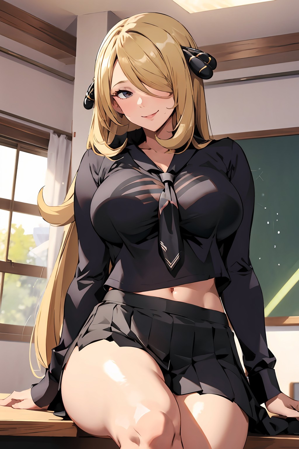1girls, ai generated, alternate breast size, blonde hair, breasts, cynthia (pokemon), female, hair over one eye, large breasts, light skin, light-skinned female, long hair, nintendo, pokemon, pokemon dppt, school uniform, schoolgirl, smile, stable diffusion, thighs