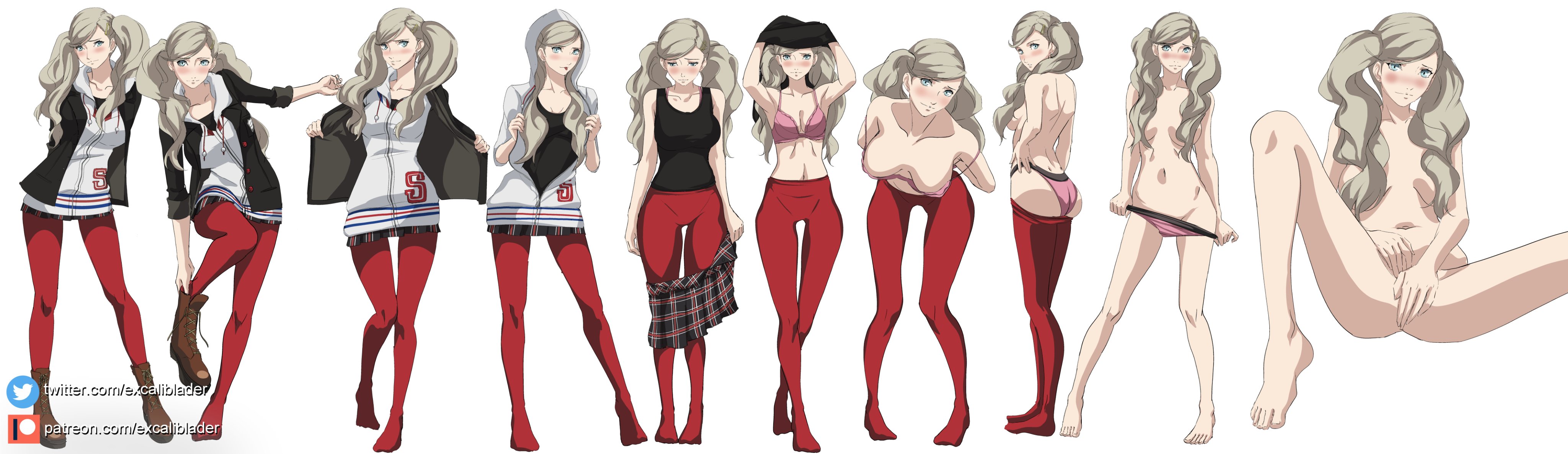 1girls, ann takamaki, atlus, blonde hair, blue eyes, blush, bra, breasts, convenient censoring, covering crotch, embarrassed nude female, embrace, excaliblader, female, female only, hoodie, jacket, megami tensei, nude, panties, persona, persona 5, persona 5 royal, pigtails, pink underwear, skirt, stockings, strip game, tank top, underwear, watermark, white background