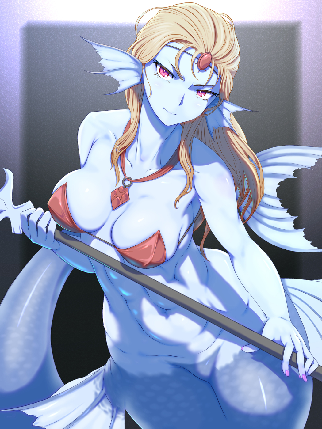 1girls bare_shoulders bikini bikini_top_only blonde_eyebrows blonde_hair blue_body blue_skin bra bra_only breasts character_request cleavage colored_skin final_fantasy final_fantasy_iii fins groin head_fins highres holding holding_polearm holding_weapon kous_(onetwojustice) long_hair looking_at_viewer medium_breasts mermaid mermaid_girl mermaid_tail monster_girl nail_polish navel necklace pink_eyes pink_nails polearm red_eyes solo spear strapless strapless_bikini swimsuit weapon