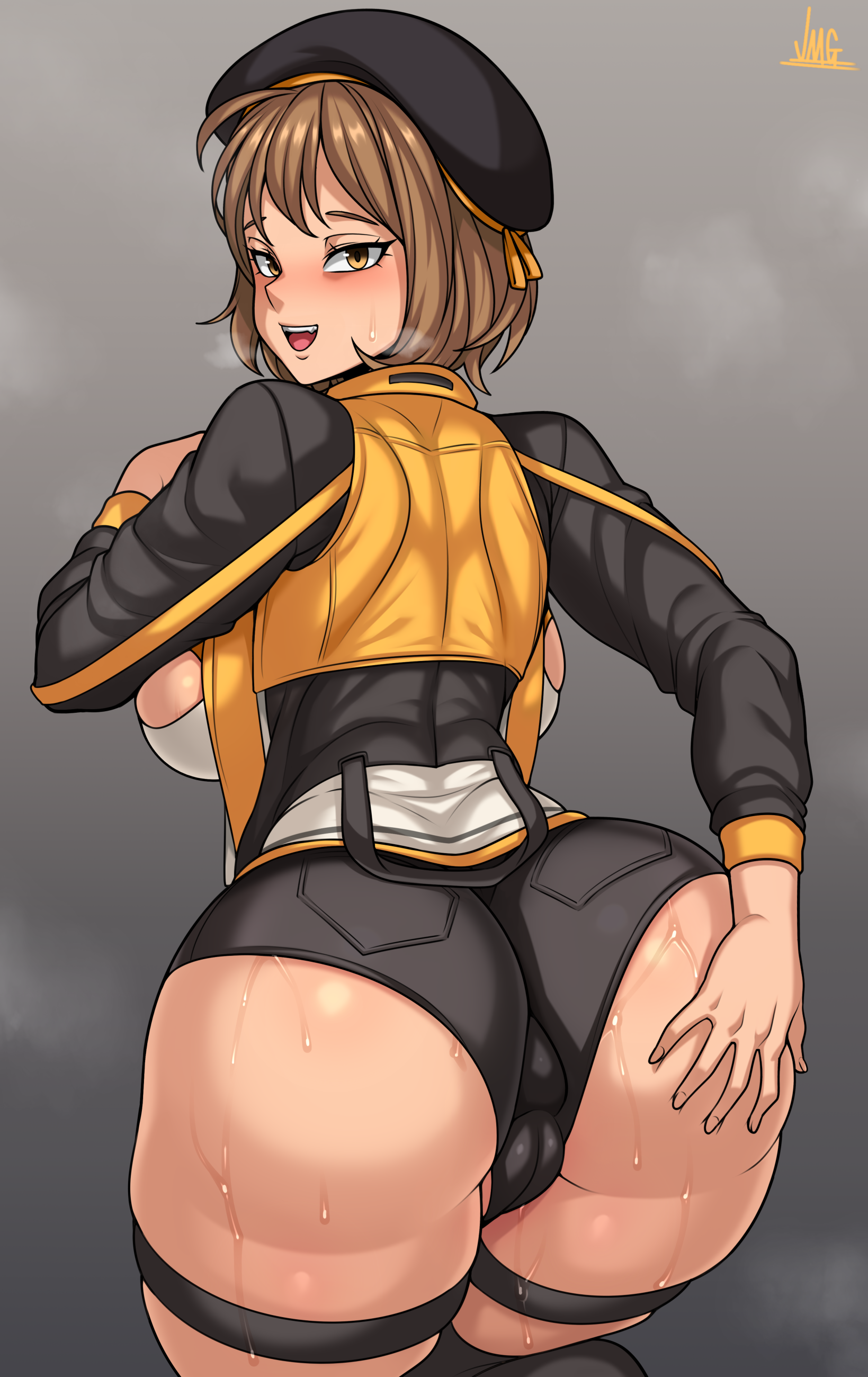 1girls, anis (nikke), ass, backboob, booty shorts, breasts, brown hair, female, goddess of victory: nikke, hand on ass, hand on butt, hi res, hips, huge ass, huge breasts, jmg, light skin, light-skinned female, naughty face, short hair, short shorts, shorts, skindentation, solo, thick thighs, thighs, wide hips