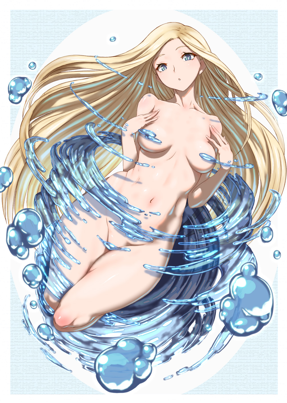 :o blonde_eyebrows blonde_hair blue_eyes breasts character_request completely_nude completely_nude_female convenient_censoring female groin highres kous_(onetwojustice) long_hair looking_at_viewer medium_breasts navel nude nude_female romancing_saga_2 saga simple_background solo very_long_hair water water_censor