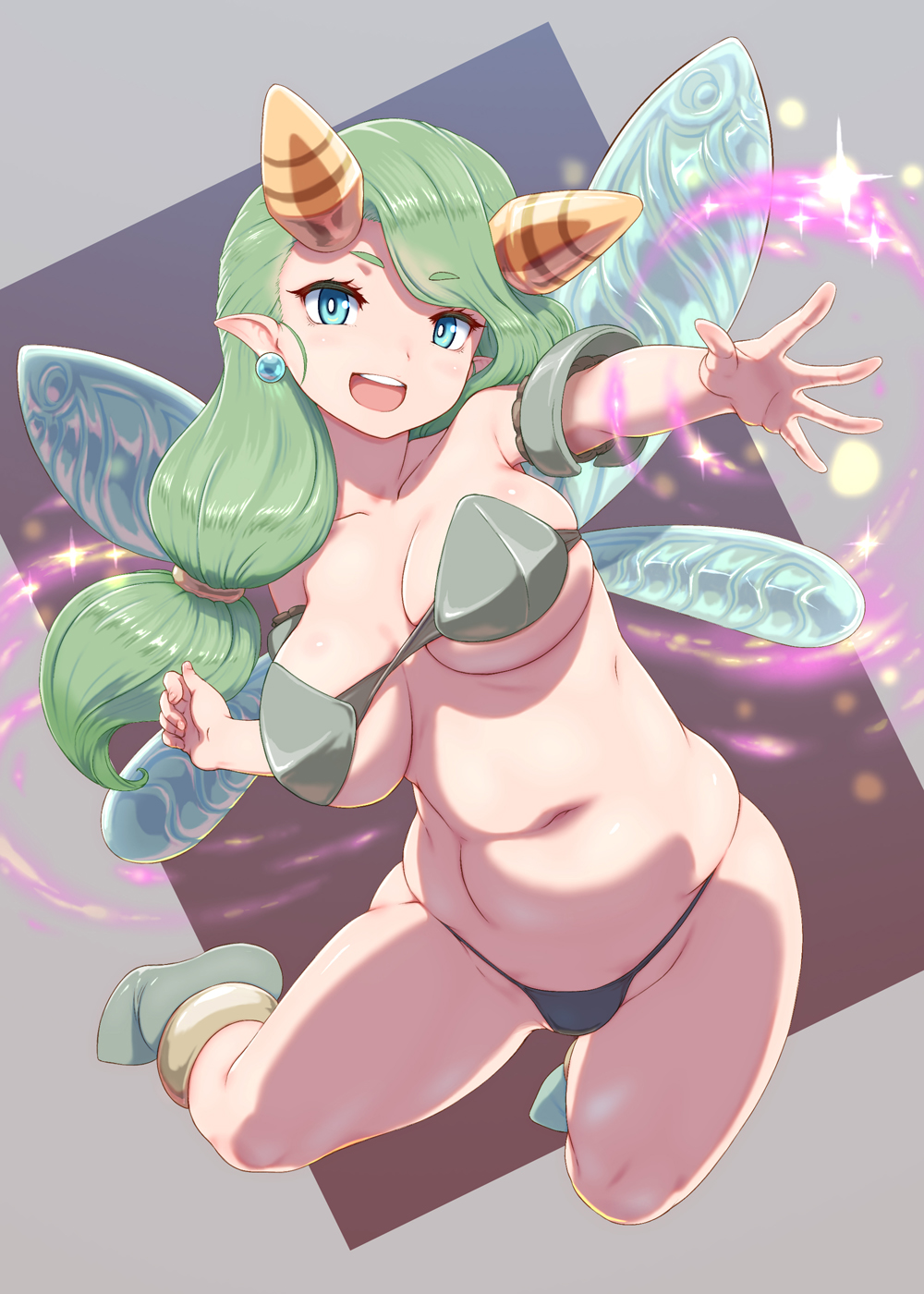 antenna belly breasts earrings entomophobia eyebrows_visible_through_hair first_porn_of_character green_eyebrows green_eyes hair_focus huge_breasts insect_wings kous_(onetwojustice) live_a_live medium_breasts navel open_mouth thick_thighs underboob wide_hips wings