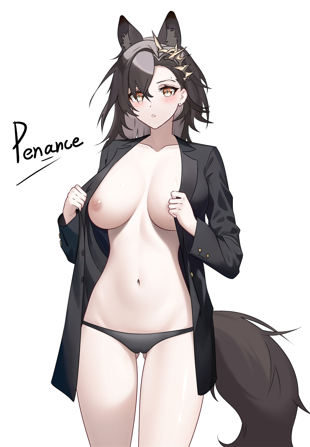 1girls, 2023, animal ears, arknights, black hair, black panties, blush, breasts, character name, doctor2.0, female, hair ornament, jacket open, light skin, light-skinned female, nipples, panties, penance (arknights), solo, tail, wolf ears, wolf tail, yellow eyes
