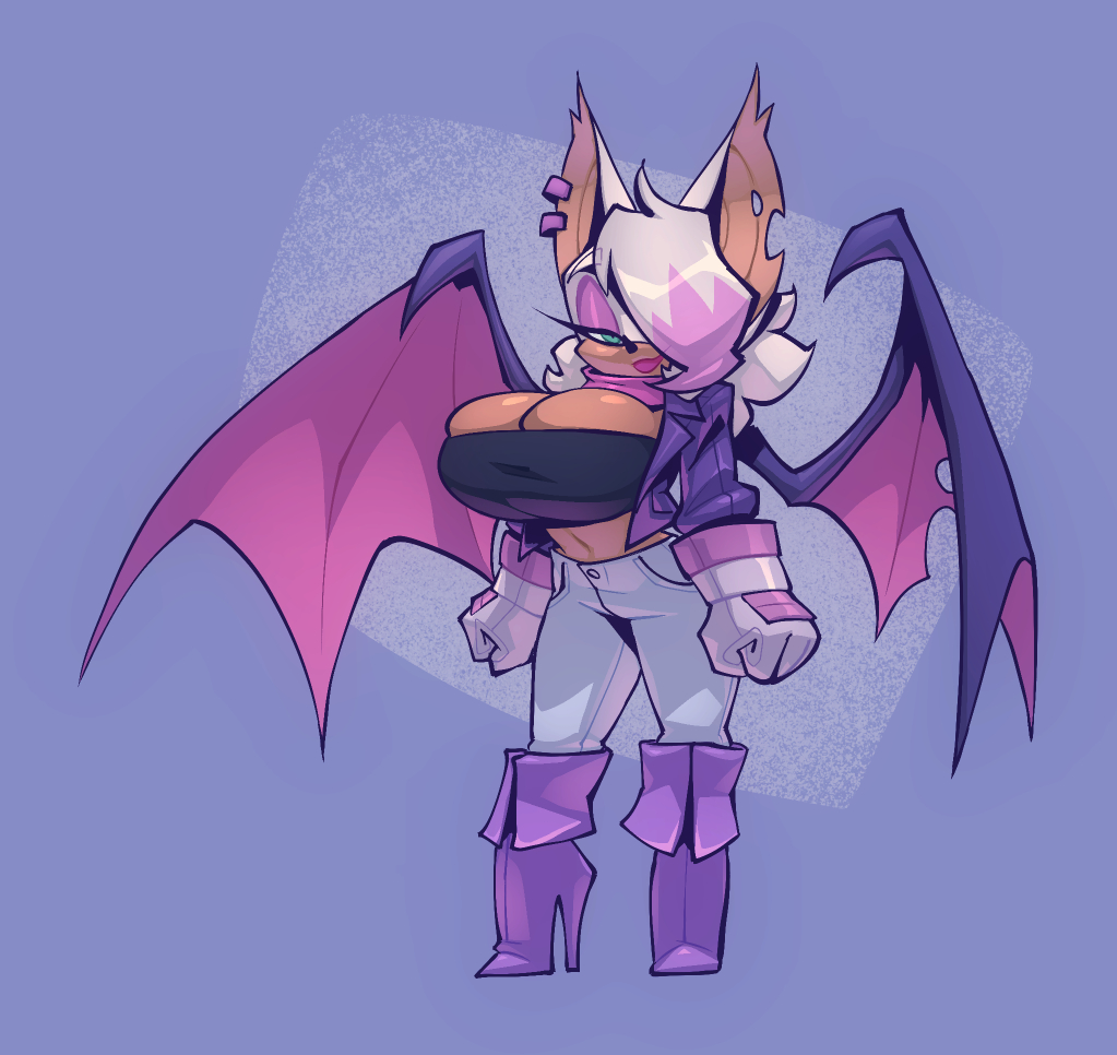 1girls, 2023, about to burst, anthro, barely contained, barely contained breasts, barely fits, bat, bat wings, bedroom eyes, belly button, big breasts, bigdad, boots, bottomwear, breasts, breasts too big, bursting breasts, busty, chiropteran, cleavage, cleavage overflow, clothed, clothed female, clothes, clothing, crop top, denim, dyed hair, earrings, eyelashes, eyeshadow, female, footwear, front view, full body, fully clothed, gloves, green eyes, hair, hair over one eye, handwear, high heel boots, high heels, highlights (coloring), huge breasts, imminent wardrobe malfunction, jacket, jeans, knee boots, large breasts, lipstick, long ears, long sleeves, looking at viewer, makeup, medium hair, membranous wings, midriff, multicolored hair, narrowed eyes, navel, neckwear, one eye obstructed, open jacket, overflowing breasts, pants, pink eyeshadow, pink hair, pink highlights, pink lipstick, purple background, rouge the bat, seductive, seductive eyes, seductive look, seductive smile, shirt, simple background, smile, smiling, smiling at viewer, smirk, smirking at viewer, solo, sonic (series), sonic the hedgehog (series), standing, stomach, tan body, tan skin, tan-skinned female, tight fit, tight fitting clothing, topwear, undersized clothes, undersized clothing, white hair, wings