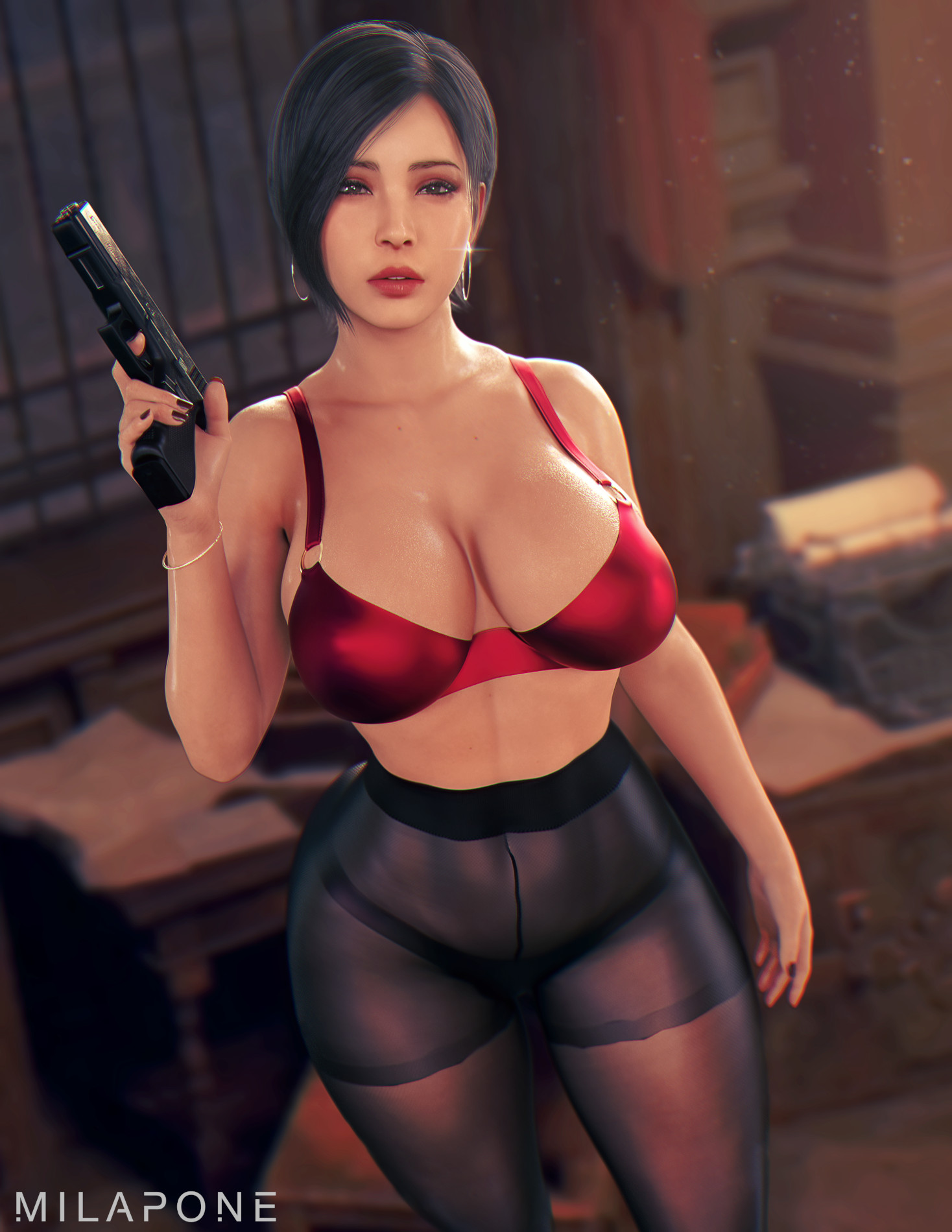 3d, ada wong, ada wong (adriana), asian, asian female, ass, big ass, big breasts, biohazard, black hair, black nail polish, bra, breasts, busty, capcom, female, female focus, female only, hourglass figure, lingerie, makeup, milapone, nude, nude female, nudity, pantyhose, pinup, pinup pose, pose, posing, pubic hair, pussy, resident evil, resident evil 4, resident evil 4 remake, short hair, smiling at viewer, solo, tagme, thick thighs, wide hips
