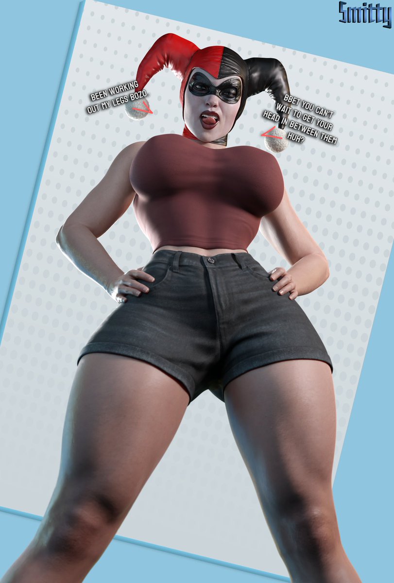 1girls 3d 3d_(artwork) batman:_arkham_knight batman_(series) big_breasts blender bragging confident dc dc_comics dominant_female female female_only fully_clothed harley_quinn harley_quinn_(classic) harley_quinn_(injustice) injustice_2 jean_shorts large_breasts light-skinned_female makeup perky_breasts shorts showing_off smitty34 solo supervillainess tagme tank_top thick_thighs