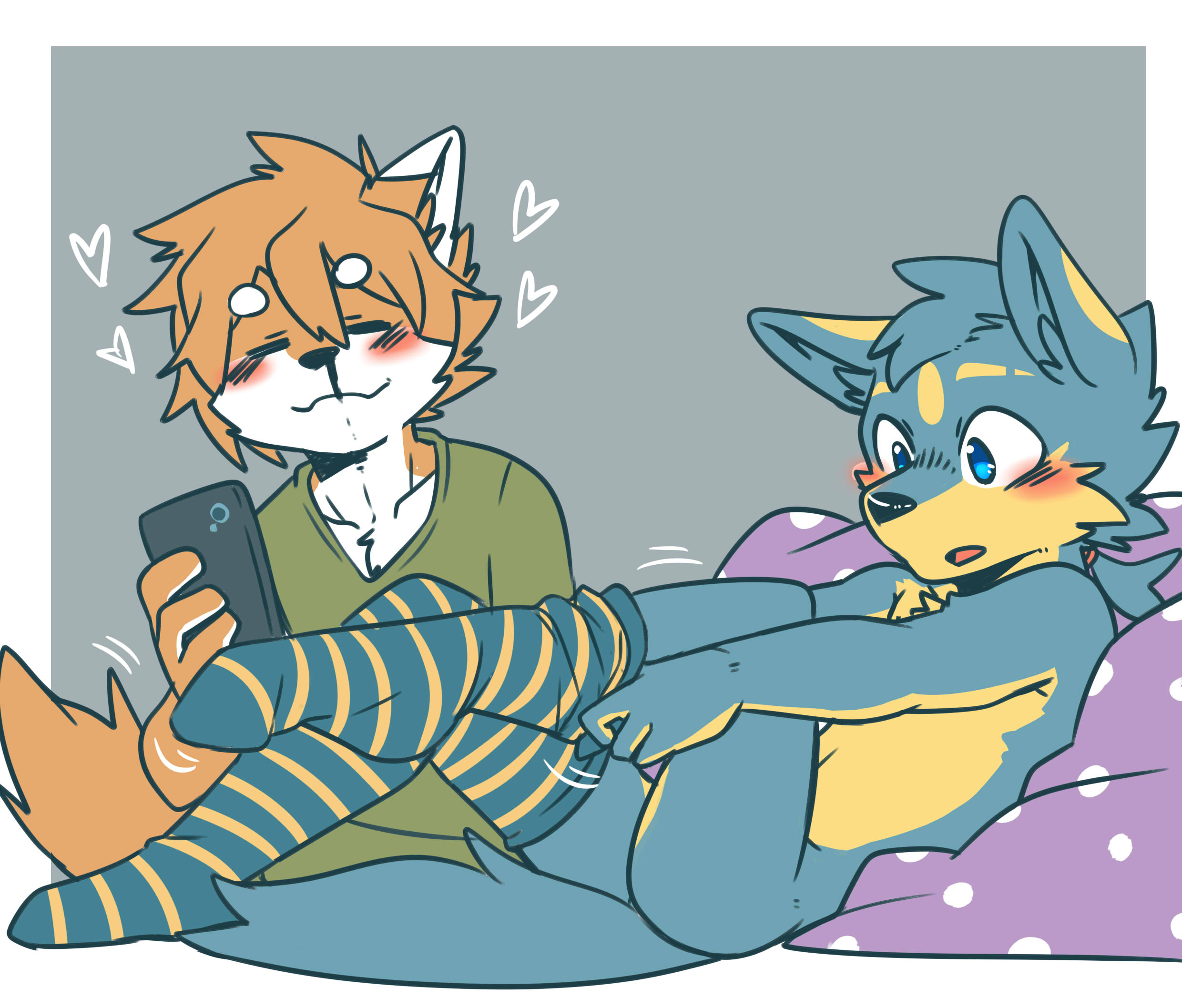 2boys, almost naked, ass, blue fur, blush, canine, femboy, fur, furry, gay, happy, long socks, male, male only, mammal, nosebleed, nude, original, original character, partially nude, pillow, seiya (saku1saya), smiling, socks, stockings, tail, tied hair, windows (saku1saya), yaoi
