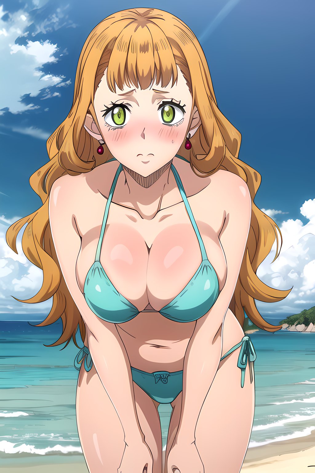 1girls, ai generated, beach, big penis, bikini, black clover, blush, breasts, busty, curvaceous, female, green eyes, large breasts, male, mimosa vermillion, orange hair, penis, shy, solo, stable diffusion, swimwear, voluptuous