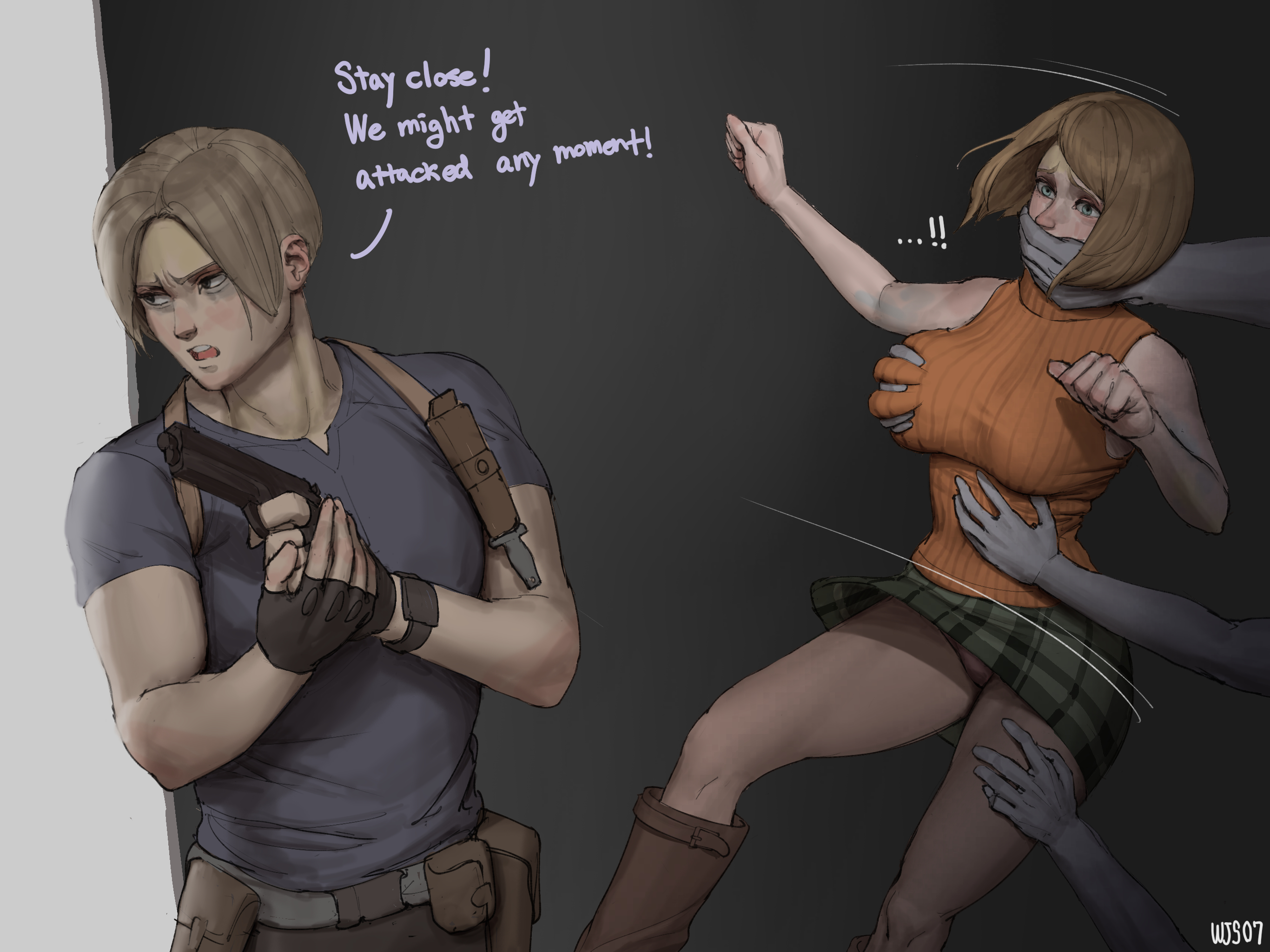 1girls, ashley graham, ashley graham (ella freya), big breasts, blonde hair, breast grab, breasts, capcom, faceless male, female, gun, handgun, human, leon scott kennedy, leon scott kennedy (eduard badaluta), male, pistol, resident evil, resident evil 4, resident evil 4 remake, skirt, upskirt, white female, white male, wjs07