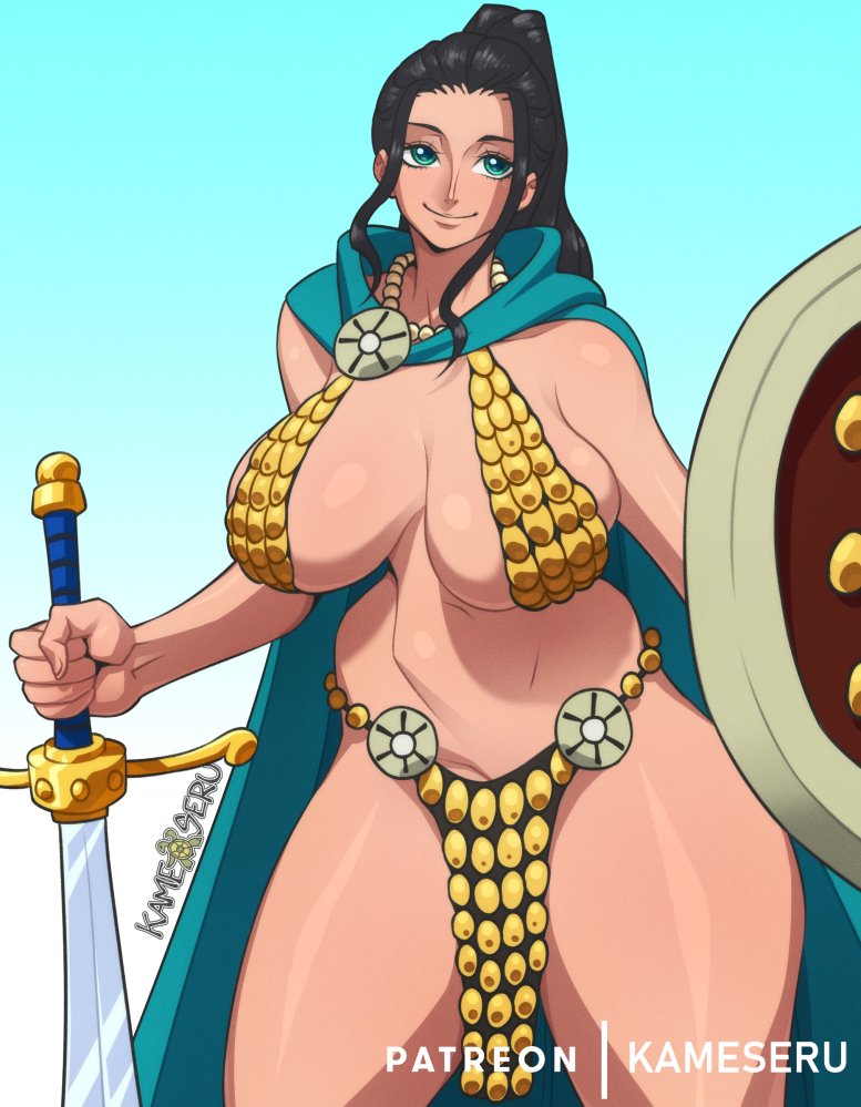 1girls big_breasts bikini black_hair blue_eyes female female_only huge_breasts kameseru large_breasts loincloth looking_at_viewer massive_breasts nico_robin one_piece pelvic_curtain post-timeskip rebecca_(one_piece)_(cosplay) shield solo sword thick_thighs