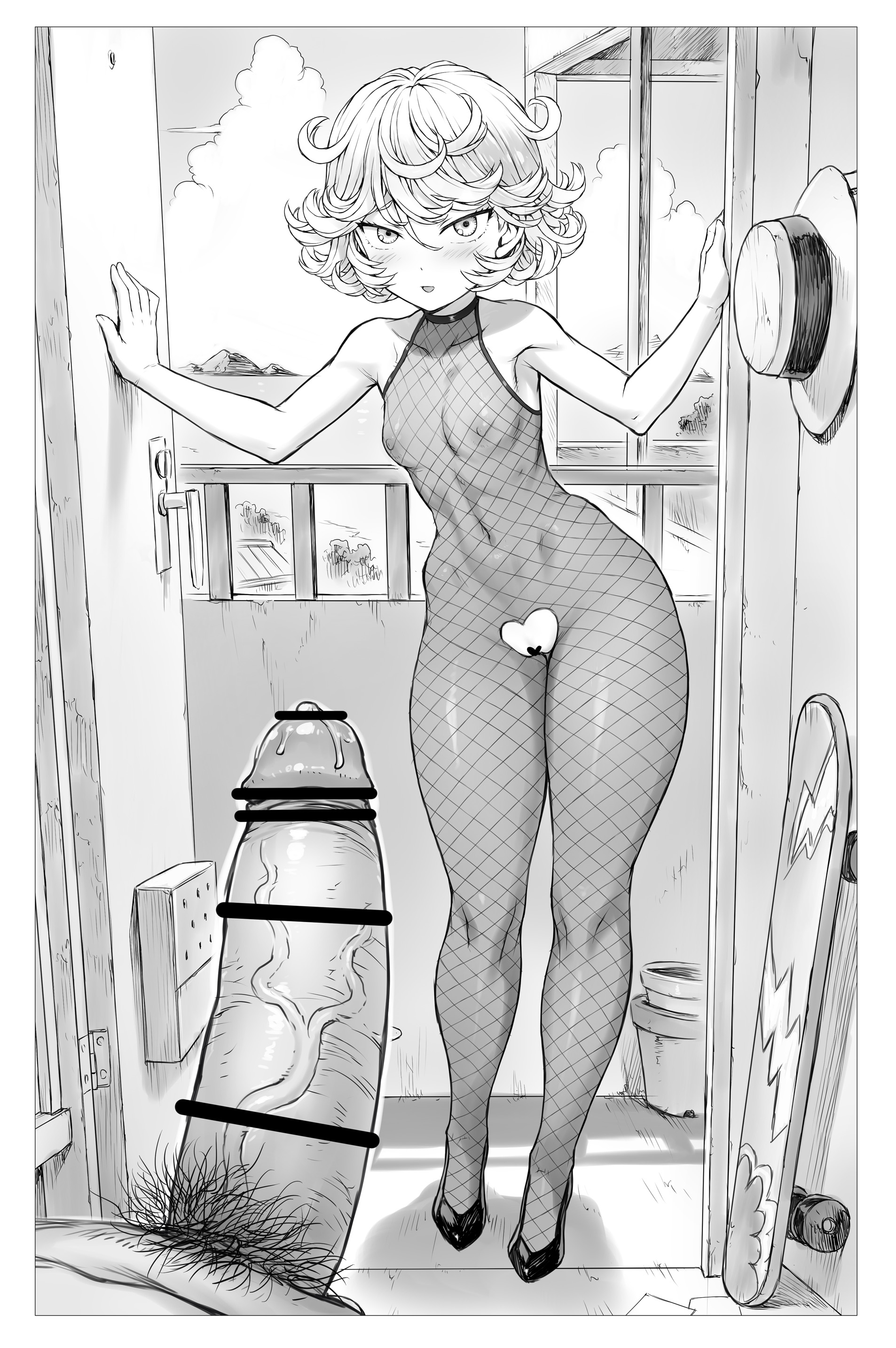 1boy, 1girls, absurd res, areolae, bare shoulders, black and white, blush, bodysuit, breasts, censor bar, censored, eye contact, female, fishnet bodysuit, hairless pussy, high heels, high resolution, light skin, light-skinned female, looking at viewer, male, mogudan, monochrome, nipples, no panties, one-punch man, outdoors, penis, petite, pov, pussy, ripped bodysuit, ripped clothing, shortstack, small breasts, smile, tatsumaki, thick thighs, thighs