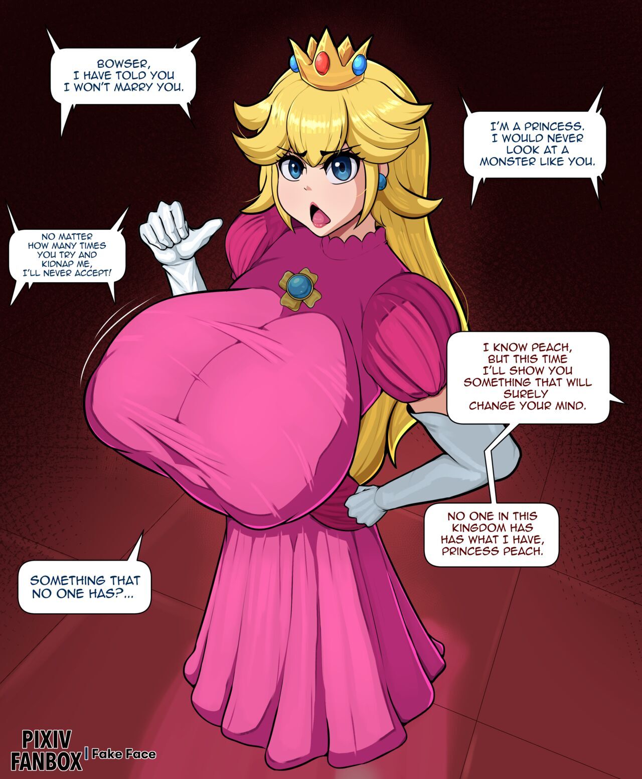 1girls, blonde, blonde female, blonde hair, bowser, breasts, busty, confident, duplicate, fake face, female, huge breasts, mario (series), princess peach, royalty, small ass, top heavy