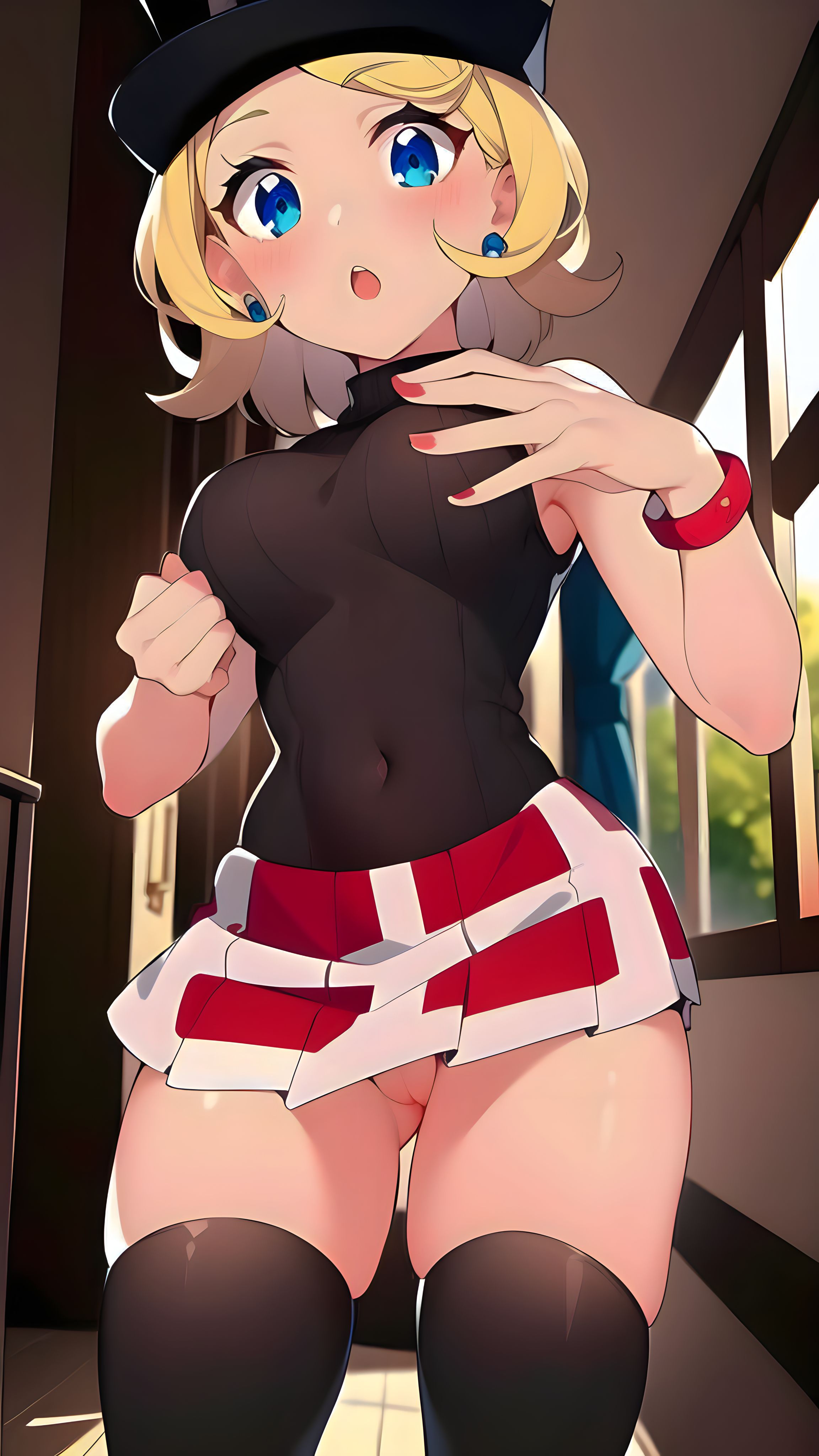 1girls, ai generated, blonde hair, blue eyes, clothed, earrings, female, female only, hat, innie pussy, nail polish, nintendo, no panties, open mouth, pokemon, pokemon journeys, pussy, red nails, serena (pokemon), skirt lift, solo, upskirt