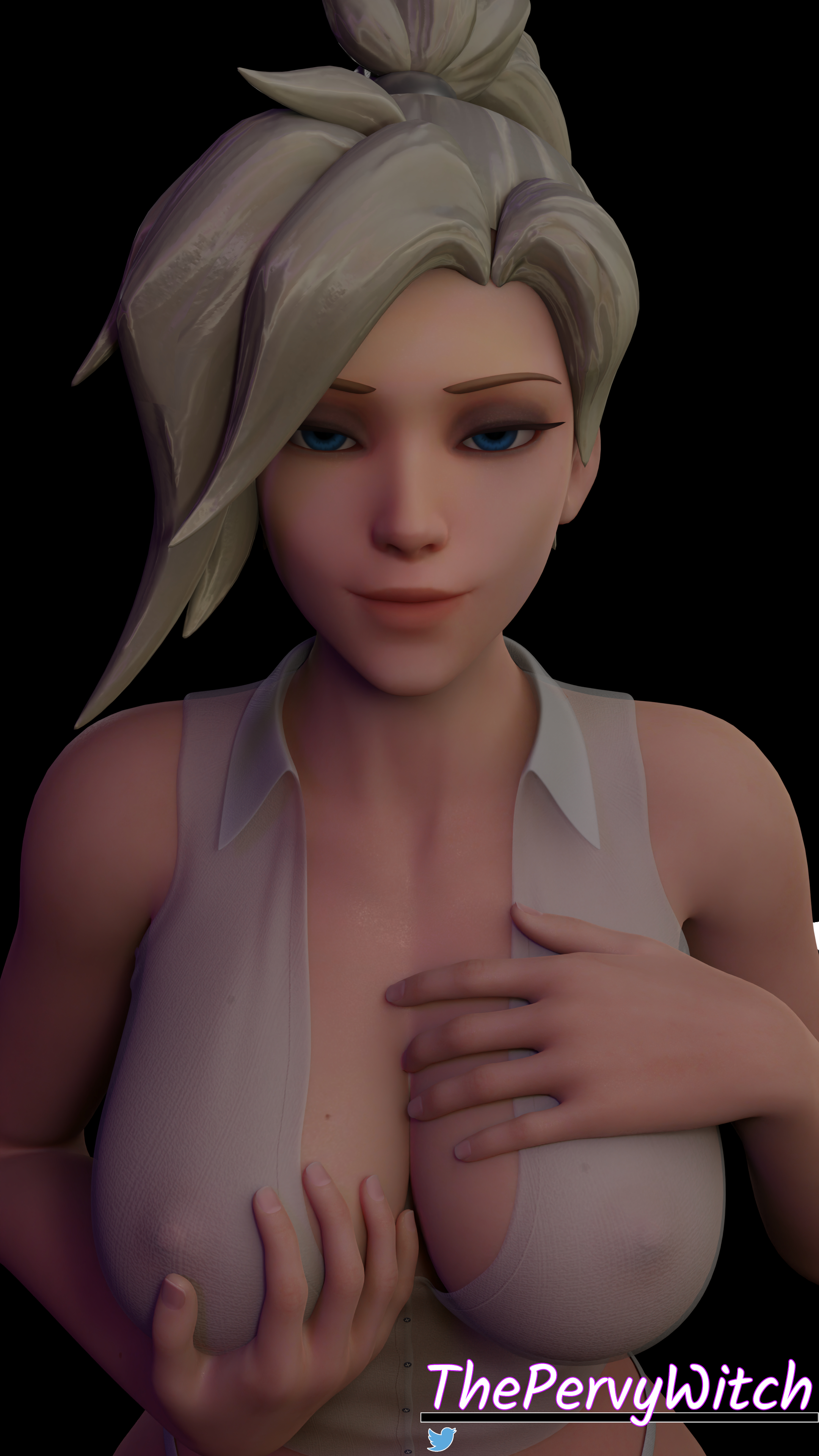 1girls, 3d, angela ziegler, artist logo, artist upload, blonde, blonde female, blonde hair, blue eyes, blue-eyed female, breasts, buttoned shirt, cleavage, cleavage cutout, clothed, clothed female, female, holding breast, holding own breast, looking at viewer, mercy, nipple bulge, nipples, nipples visible through clothing, no background, overwatch, ponytail, smug, tagme, thepervywitch, touching breast, touching own breast, white shirt