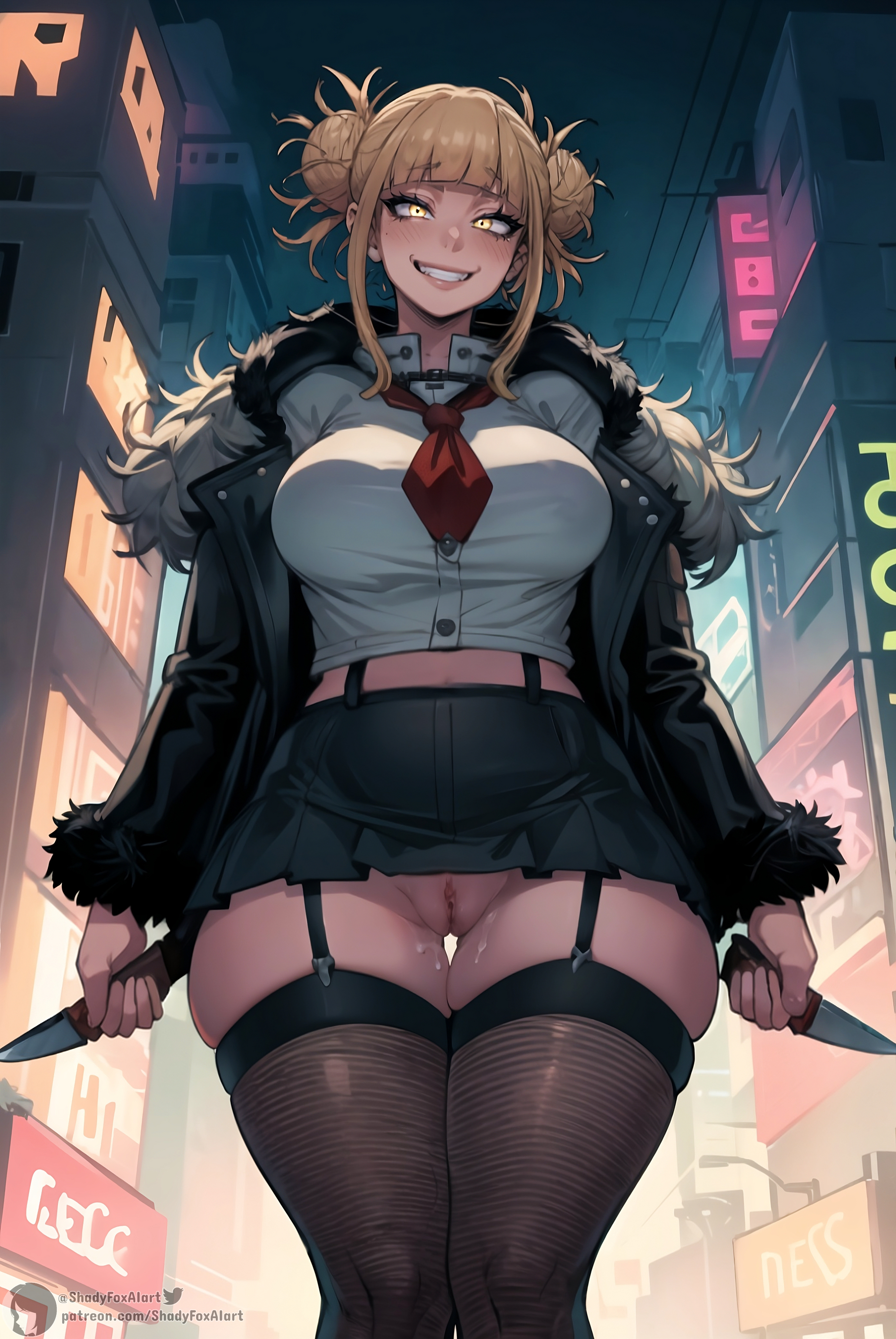 1girls, 2023, ai generated, bangs, blonde female, blonde hair, blunt bangs, breasts, building, buildings, buttoned shirt, city, city background, cityscape, covered breasts, curvy, curvy female, curvy figure, exposed pussy, female, female focus, female only, from below, fur trim, fur trimmed coat, garter straps, genitals, glowing eyes, hair bun, high resolution, highres, himiko toga, holding knife, jacket, leather, leather jacket, lips, looking at viewer, messy hair, my hero academia, neon sign, night, nighttime, no panties, no underwear, outdoors, outside, pussy, pussy visible, sailor collar, shadyfox, shirt, skindentation, skirt, slight blush, smile, solo, solo female, solo focus, stable diffusion, standing, stockings, teeth, teeth showing, thick thighs, thighhighs, twin buns, wet pussy, yellow eyes