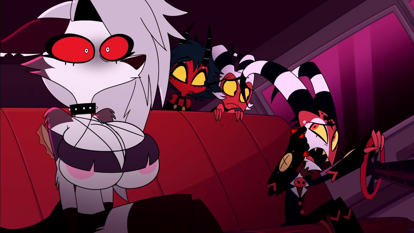 anthro, big breasts, black fur, blitzo (helluva boss), breasts, canid, canid demon, canine, choker, demon, edit, edited, female, furry, grey hair, hellhound, helluva boss, loona (helluva boss), male, millie (helluva boss), moxxie (helluva boss), mrmelted, nipple outline, nipple slip, red sclera, revealing clothes, screenshot, screenshot edit, sitting, underboob, vehicle, vehicle interior, white fur, wolf