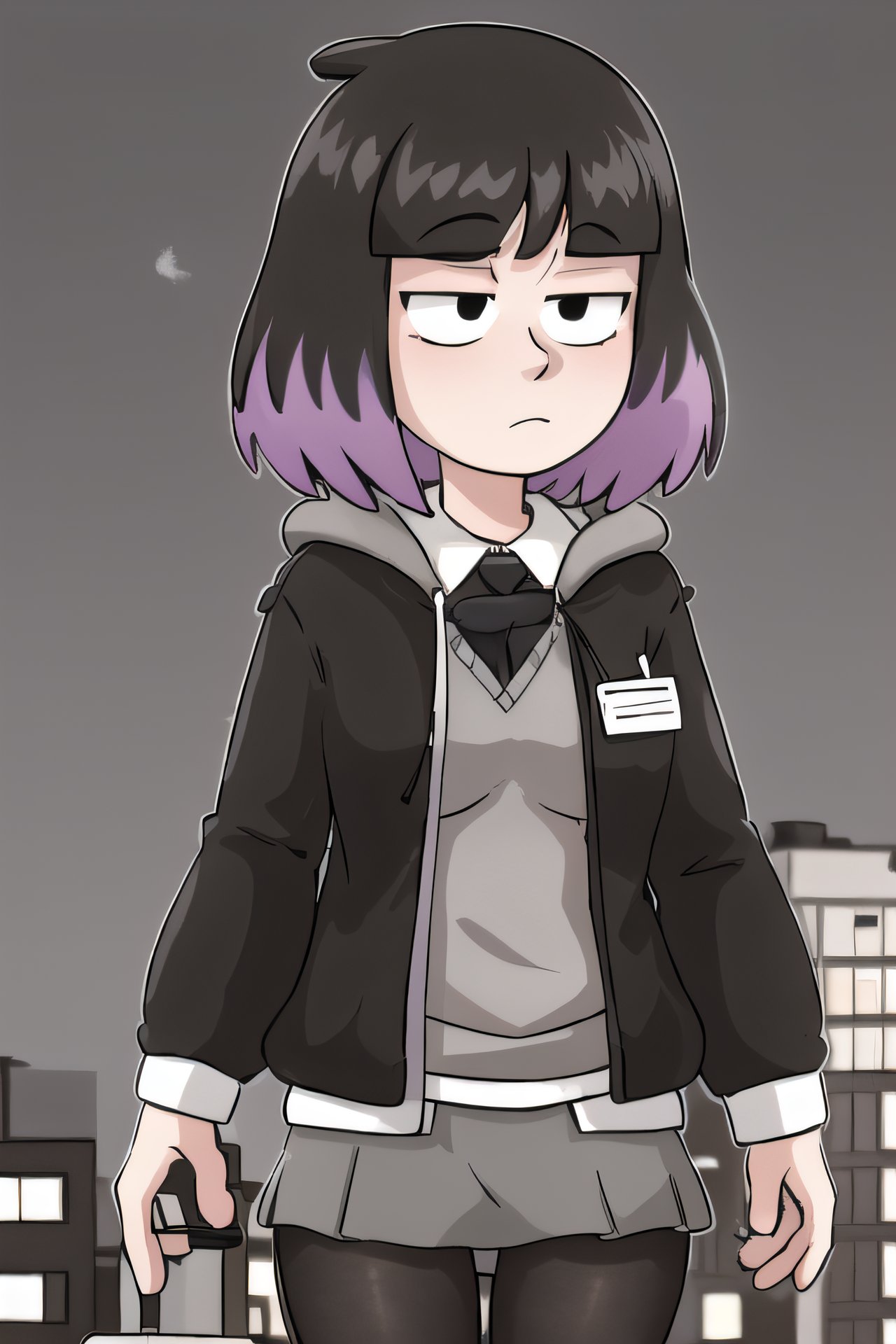 ai_generated black_eyes black_hair black_hoodie black_leggings blush bored bored_expression doublequack grey_skirt grey_vest hilda_(series) hoodie kaisa_(hilda) leggings looking_at_viewer pale-skinned_female pale_skin purple_hair shirt skirt stable_diffusion standing two_tone_hair vest voluptuous voluptuous_female white_shirt