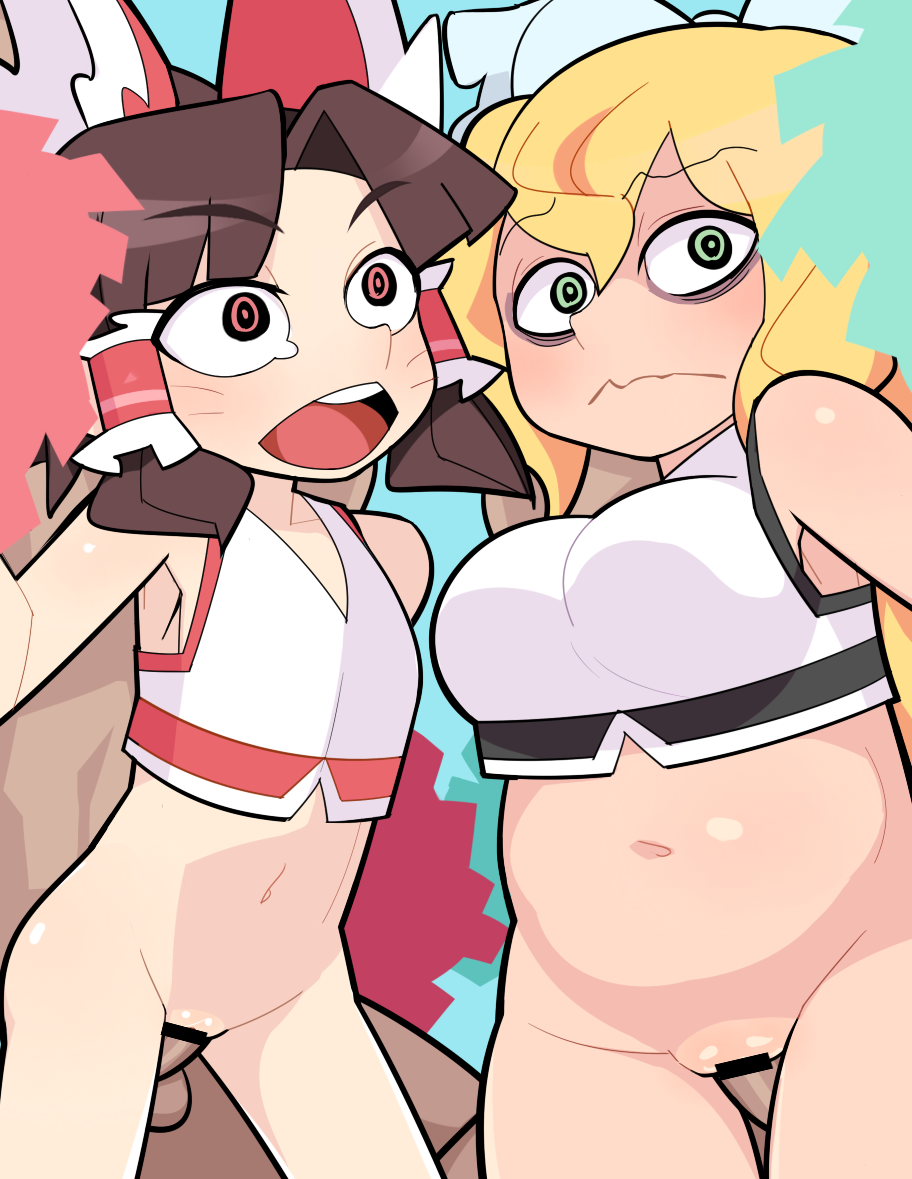 2boys 2girls alternate_costume armpits arms_up bags_under_eyes bar_censor benikurage_(cookie) blonde_hair blue_background bottomless bow breasts brown_hair censored cheerleader commentary_request cookie_(touhou) cowboy_shot crop_top facial_mark flat_chest frilled_bow frilled_hair_tubes frills green_eyes hair_between_eyes hair_tubes hairbow hakurei_reimu hospital_king kirisame_marisa large_breasts long_hair marisa_kirisame mars_(cookie) medium_bangs medium_hair multiple_boys multiple_girls navel open_mouth parted_bangs penis plump pom_pom_(cheerleading) ponytail pussy red_bow red_eyes reimu_hakurei ringed_eyes sex sex_from_behind simple_background small_breasts smile straight textless_version touhou vaginal_penetration wavy_mouth whisker_markings white_bow