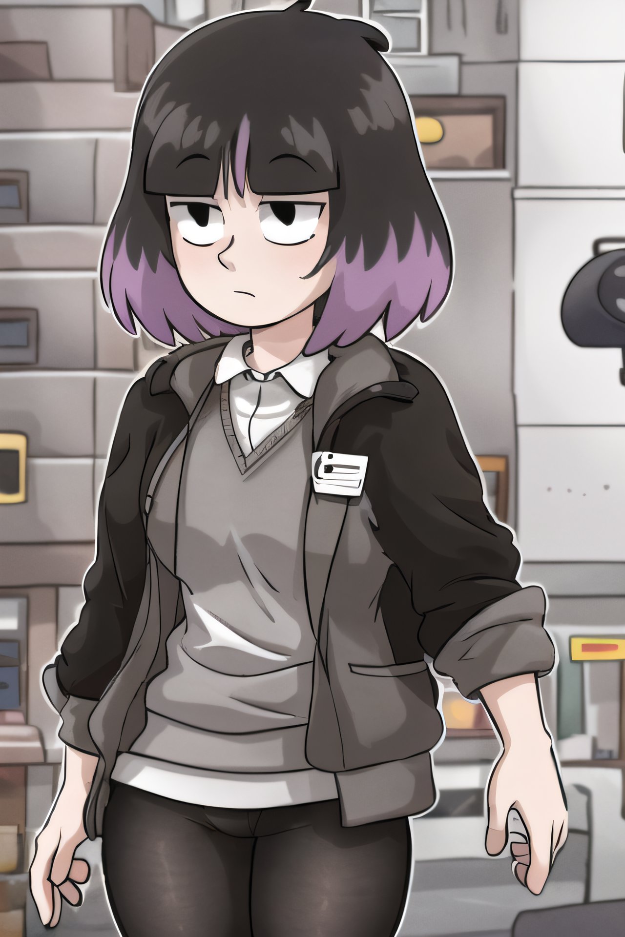 ai_generated black_eyes black_hair black_hoodie black_leggings blush doublequack grey_vest hilda_(series) hoodie kaisa_(hilda) leggings looking_at_viewer pale-skinned_female pale_skin panties panties_visible_through_clothing purple_hair shirt stable_diffusion standing two_tone_hair underwear vest voluptuous voluptuous_female white_shirt