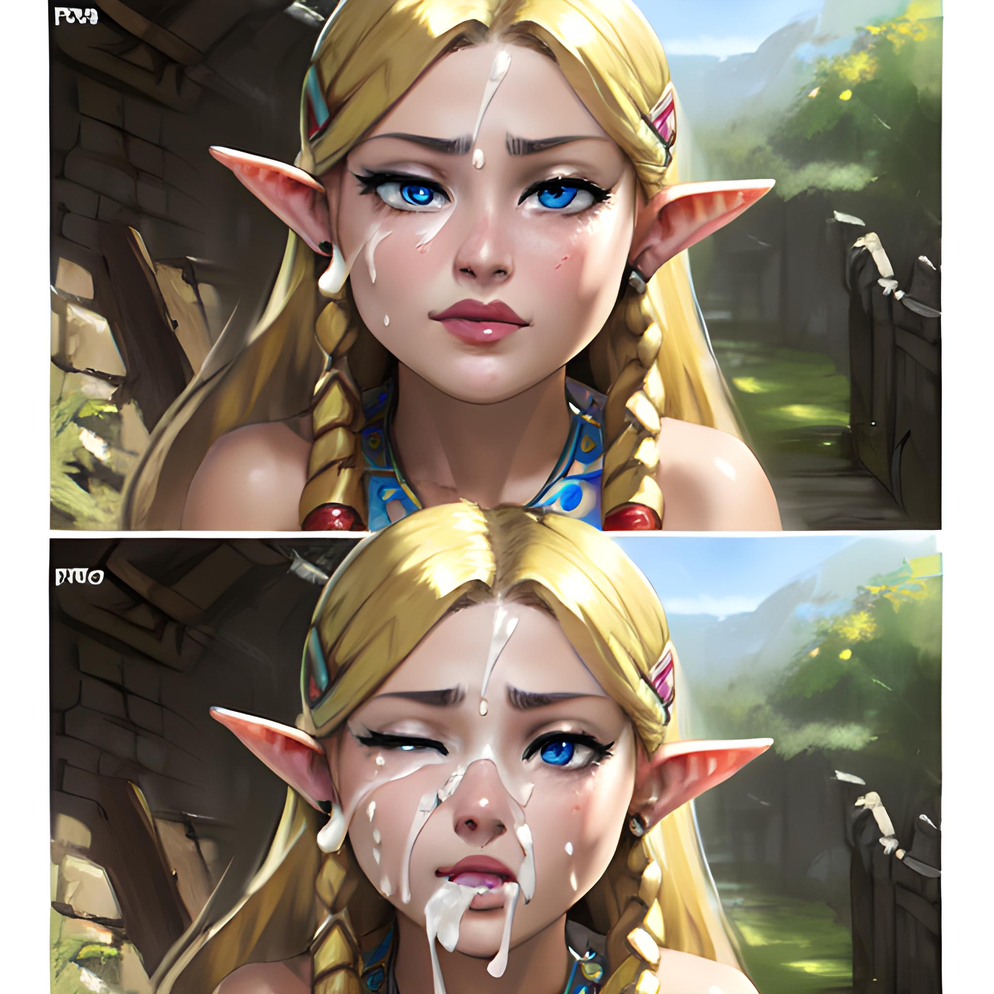 1girls, after sex, ai generated, before and after, blonde hair, blue eyes, breasts, cme 11 ai, cum, cum on breasts, cum on face, elf ears, female, implied after sex, looking at viewer, pale skin, pov, pov eye contact, princess zelda, smile, smiling at viewer, the legend of zelda